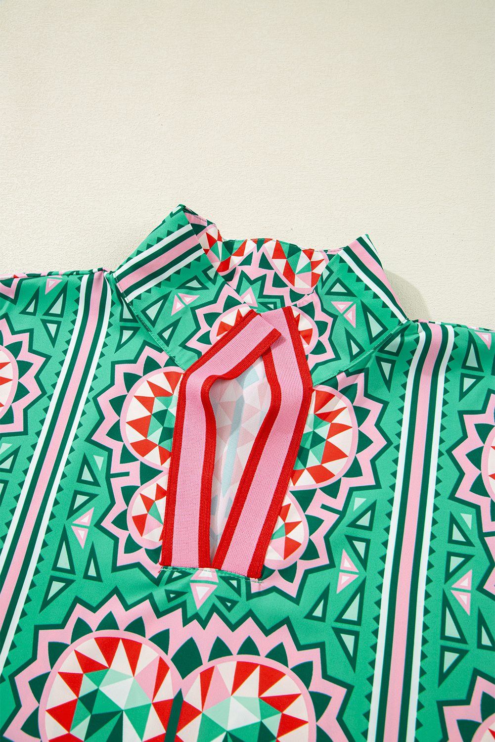 Sea Green Boho Abstract Print Contrast Striped Collared V Neck Blouse - loveforevers