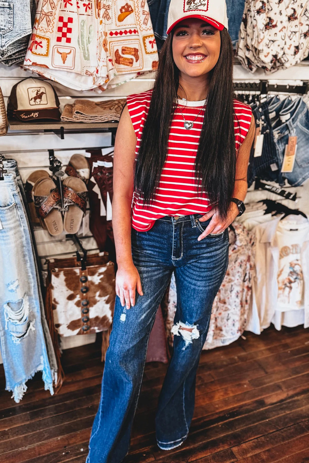 Brown Stripe Ribbed Round Neck Trim Loose Tank Top - loveforevers