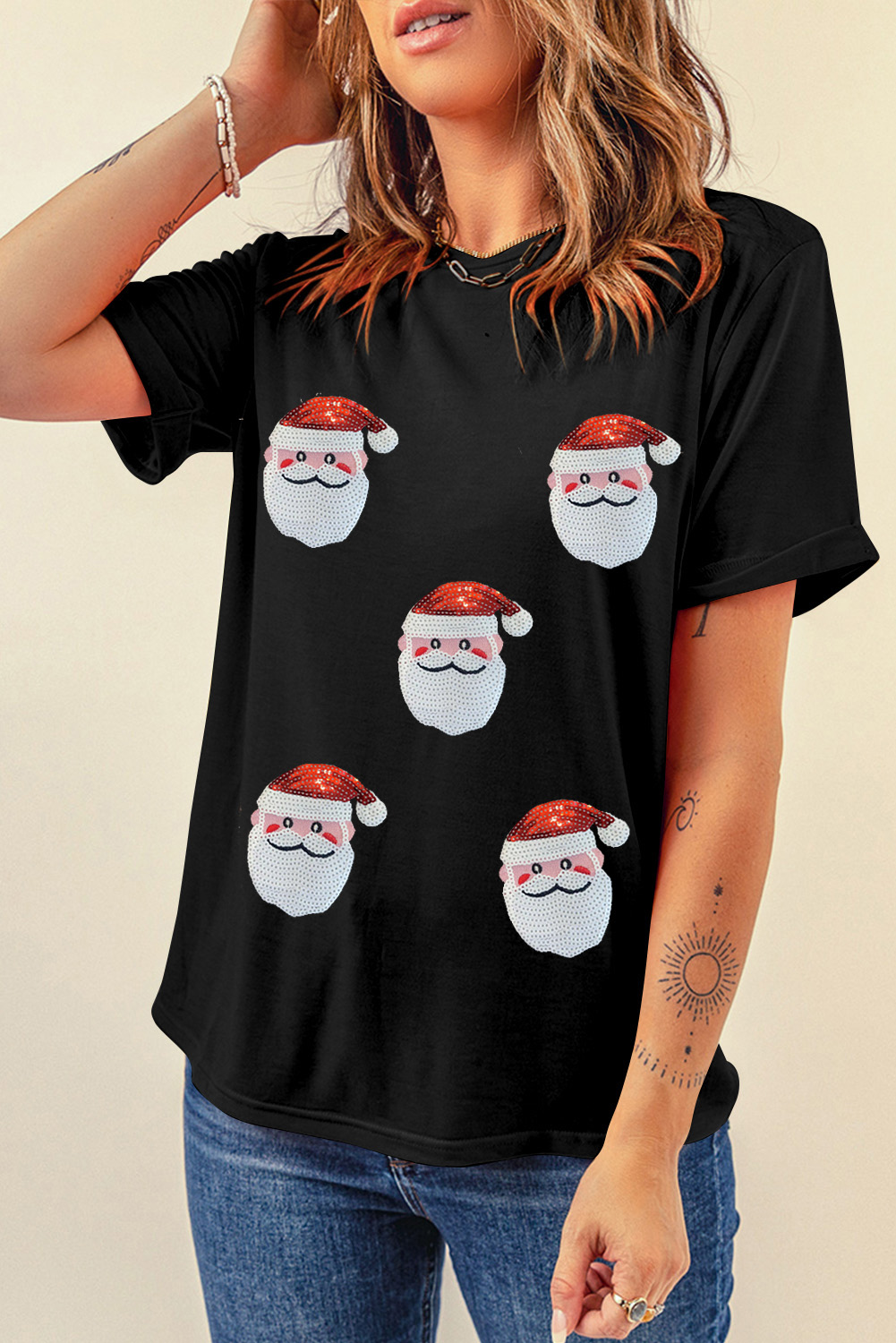 Black Faux Sequin Christmas Claus Pattern Crewneck T Shirt - loveforevers