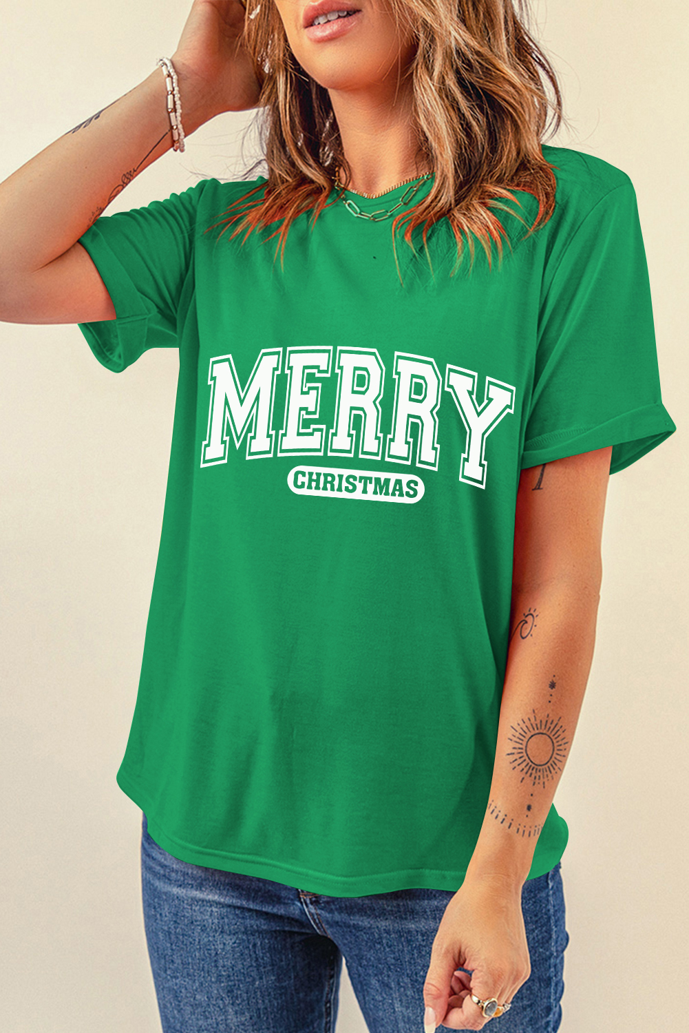 Bright Green MERRY CHRISTMAS Letter Graphic Loose T Shirt - loveforevers