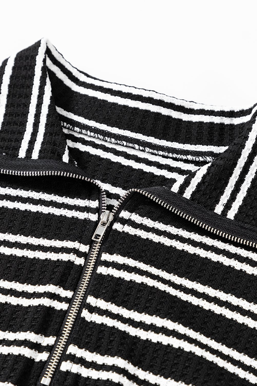 Black Stripe Textured Quarter Zip Collar Long Sleeve Top - loveforevers