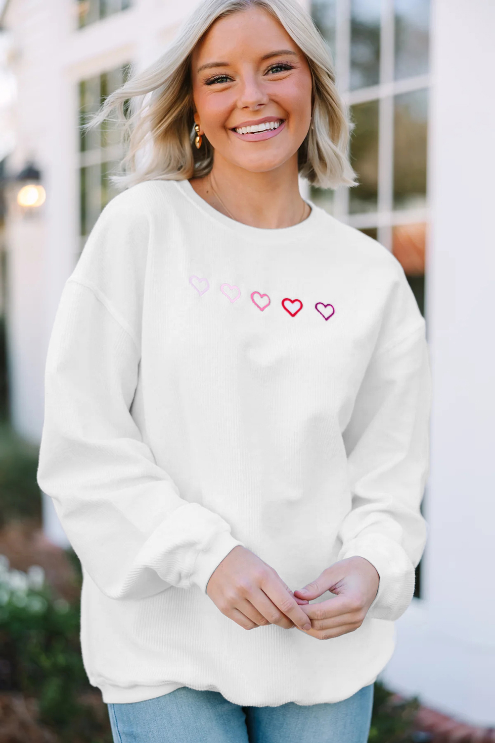 White 3d Ribbed XOXO Heart Embroidered Drop Shoulder Sweatshirt - loveforevers