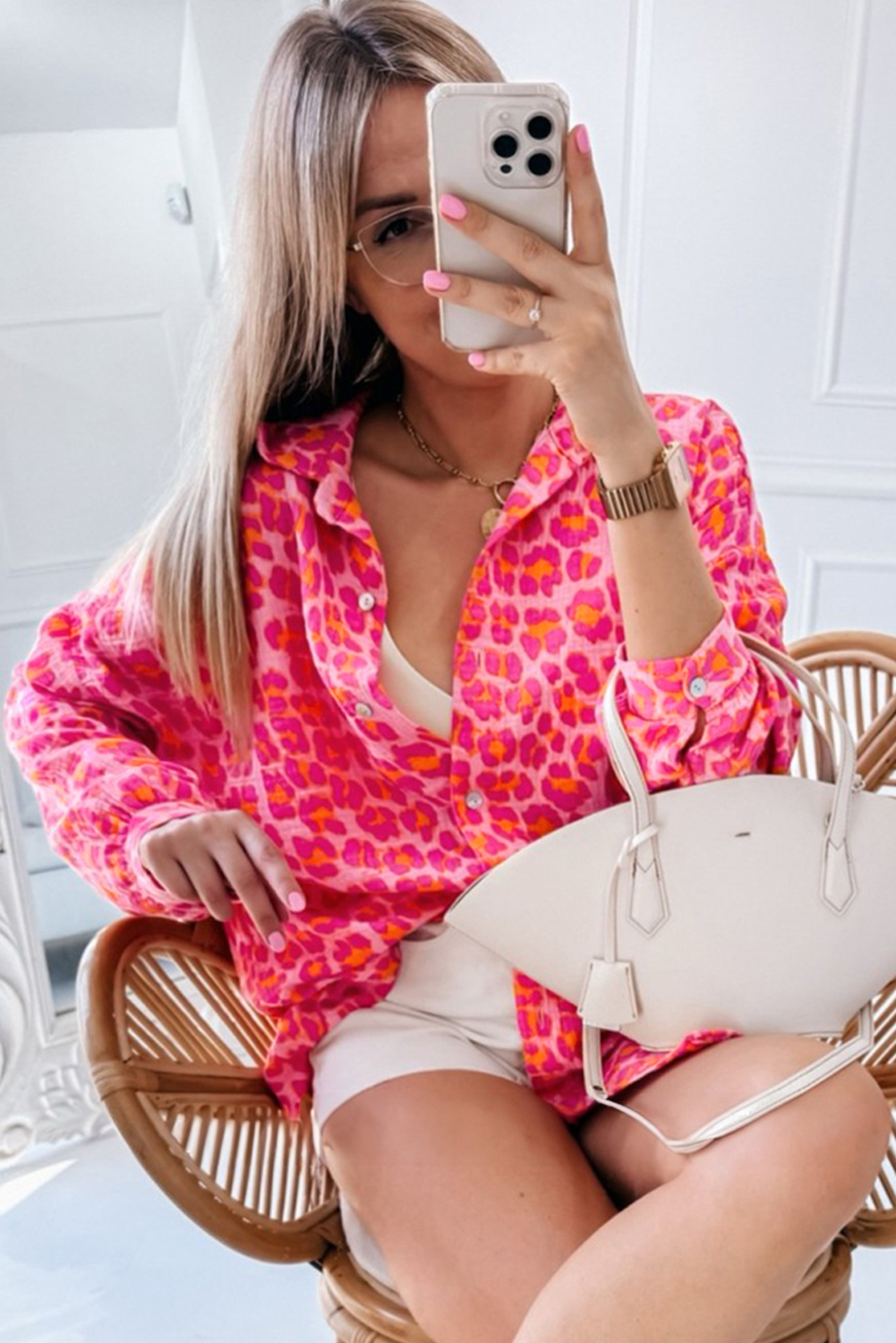 Rose Leopard Printed Button Up Loose Shirt - loveforevers