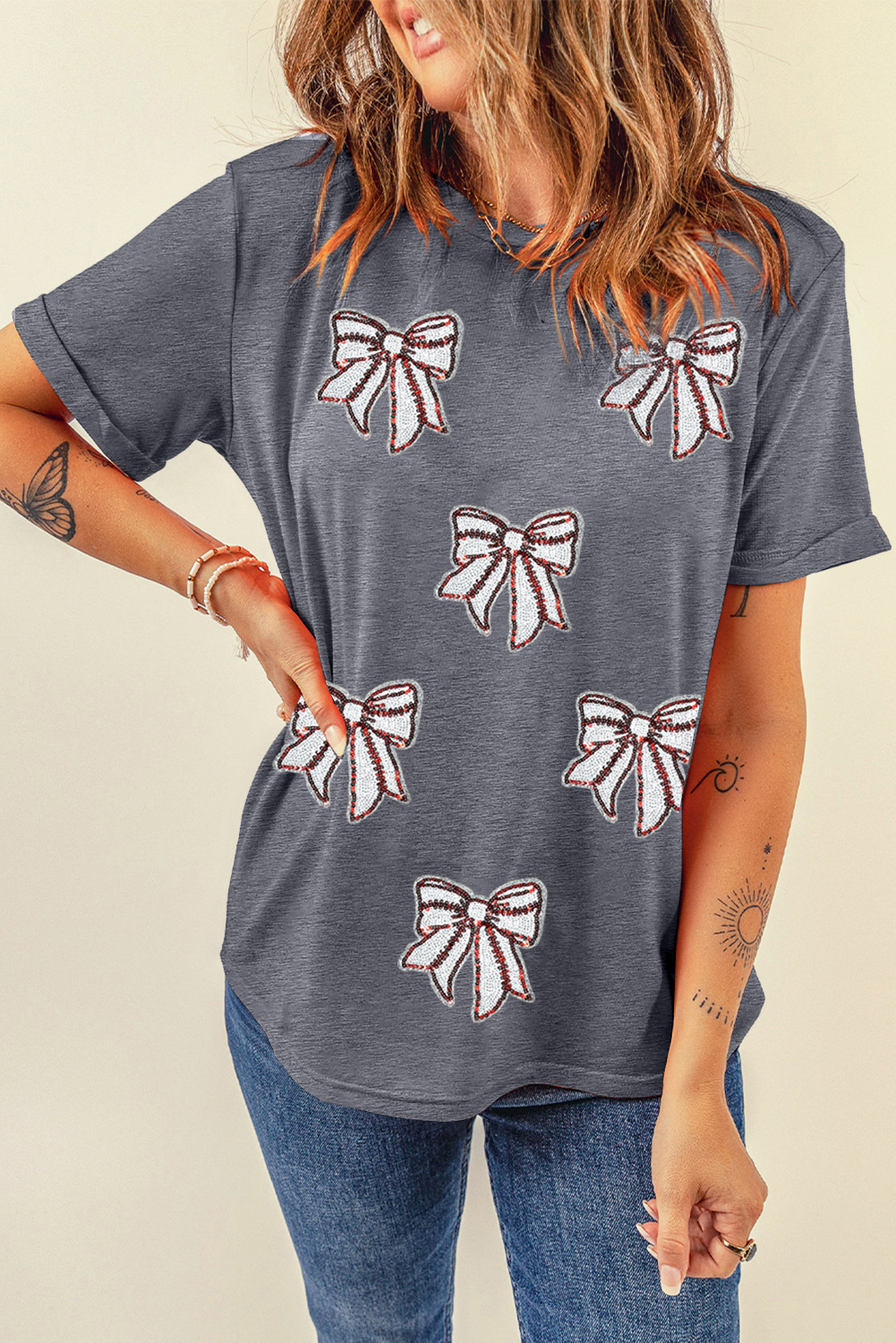 Gray Sequin Bow Baseball Fashion Graphic Tee - loveforevers