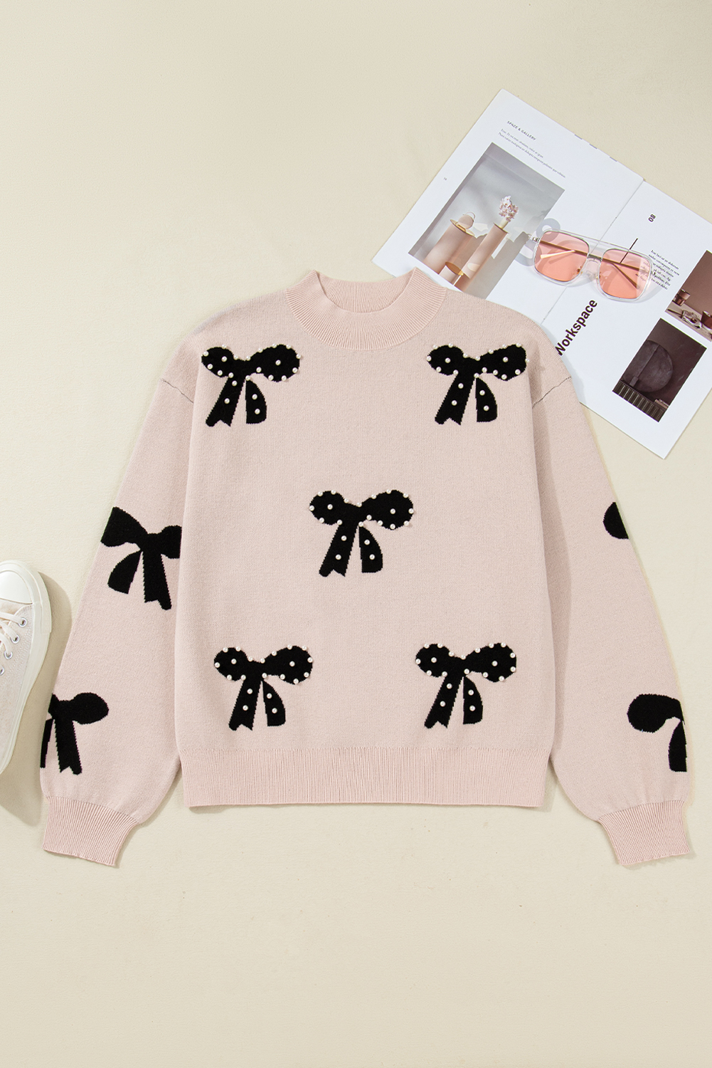Bright Pink Pearl Embellished Bow Pattern Loose Sweater - loveforevers