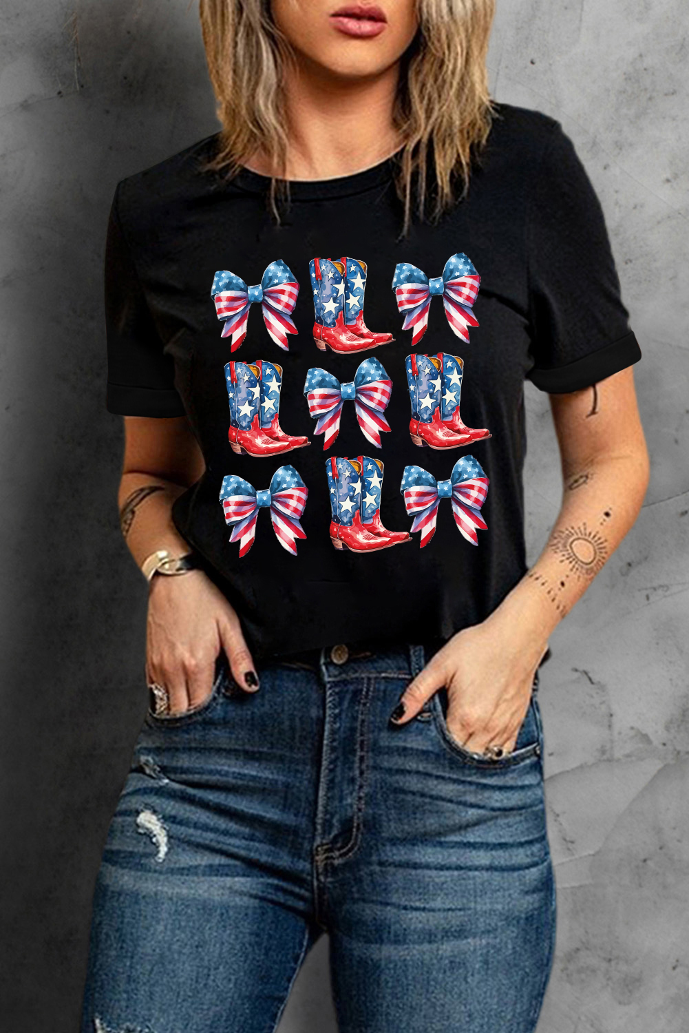 Black Stars and Stripes Bowknot Cowgirl Boots Graphic Patriotic Tee - loveforevers