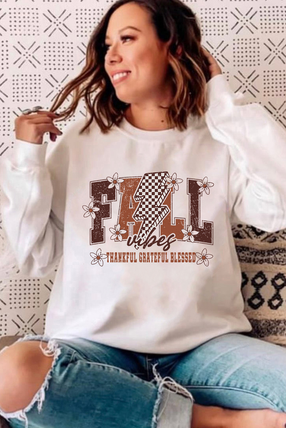White FALL THANKFUL Graphic Drop Shoulder Sweatshirt - loveforevers