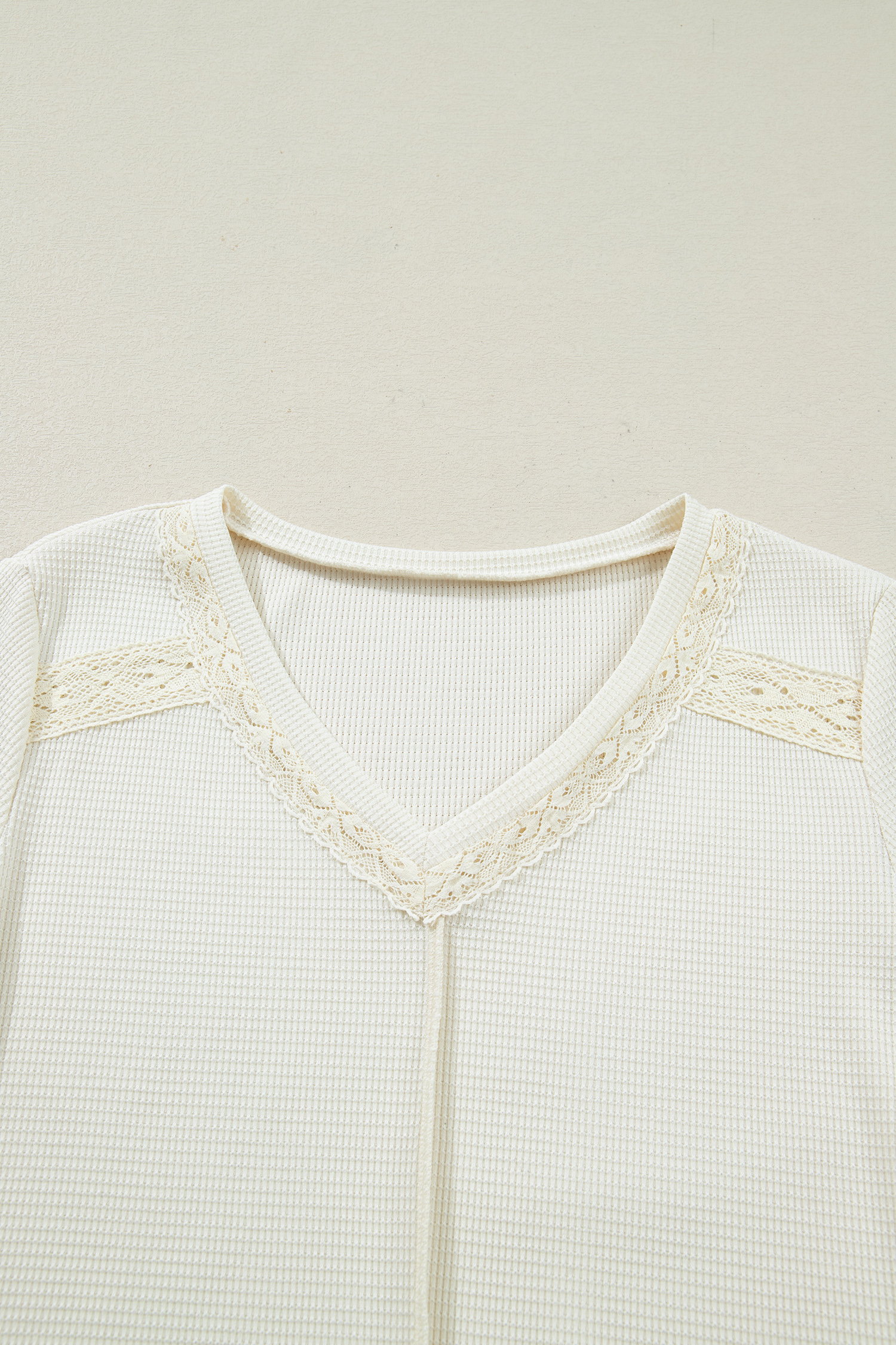 Beige Thermal Knit Lace Ruched Patchwork Long Sleeve V Neck Top - loveforevers