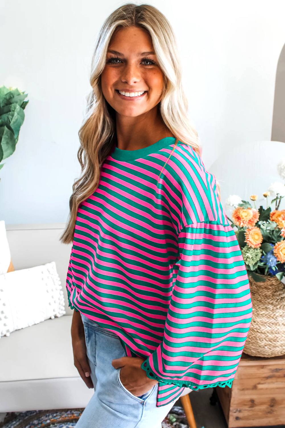 Racing Red Striped Print Drop Shoulder Lace Trim Bracelet Sleeve Loose Top - loveforevers