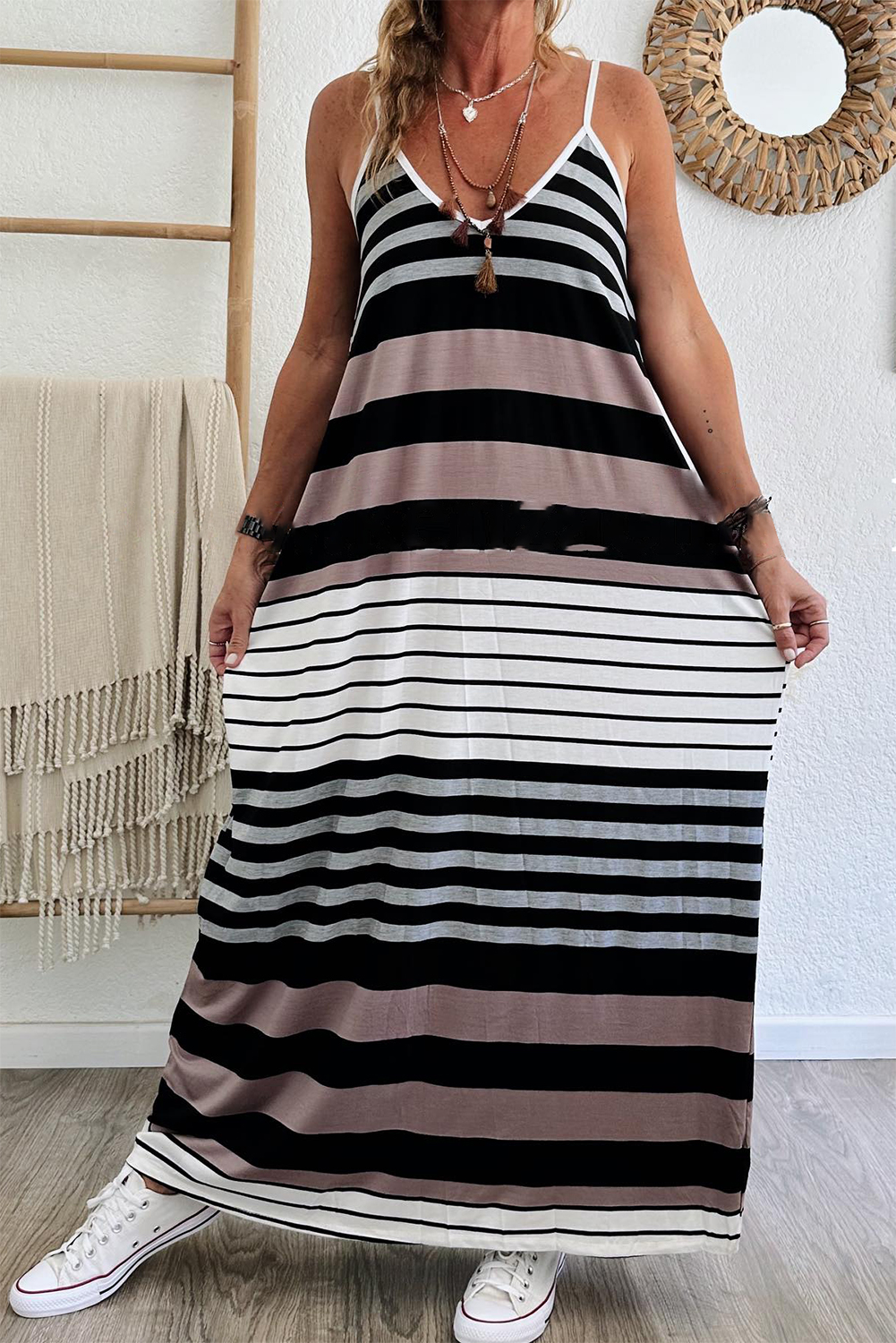 Multicolour Mixed Stripes Spaghetti Straps V Neck Maxi Dress - loveforevers