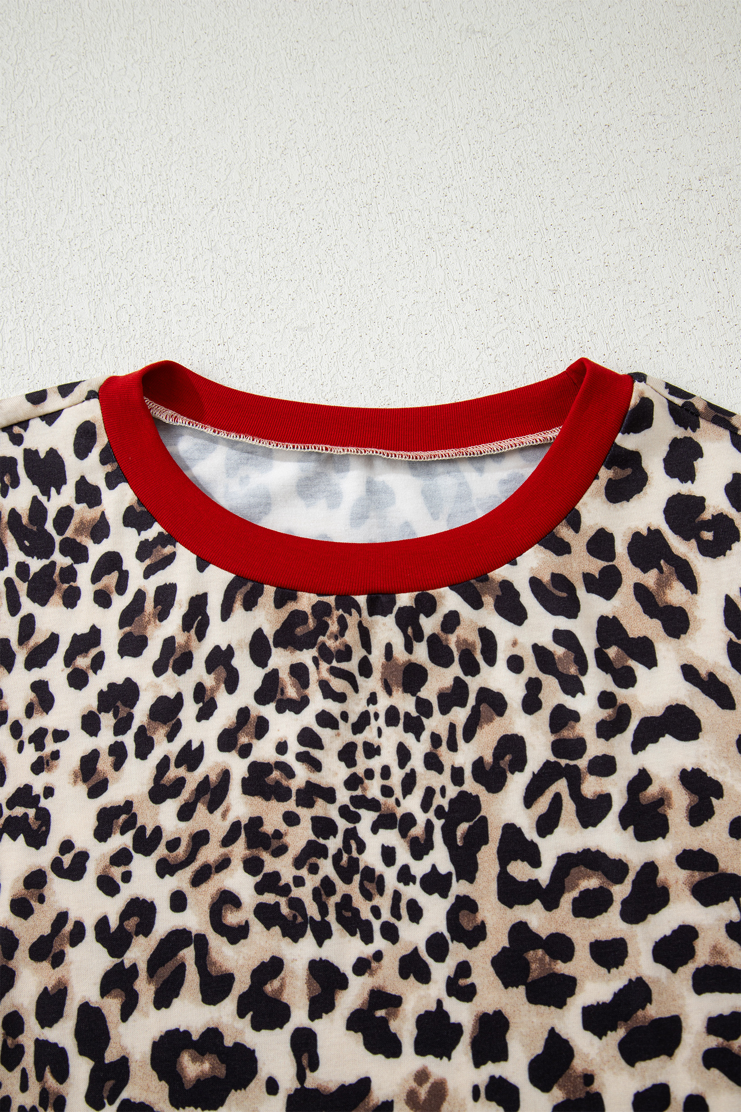 Brown Leopard Print Contrast Trim Round Neck Long Sleeve Top - loveforevers