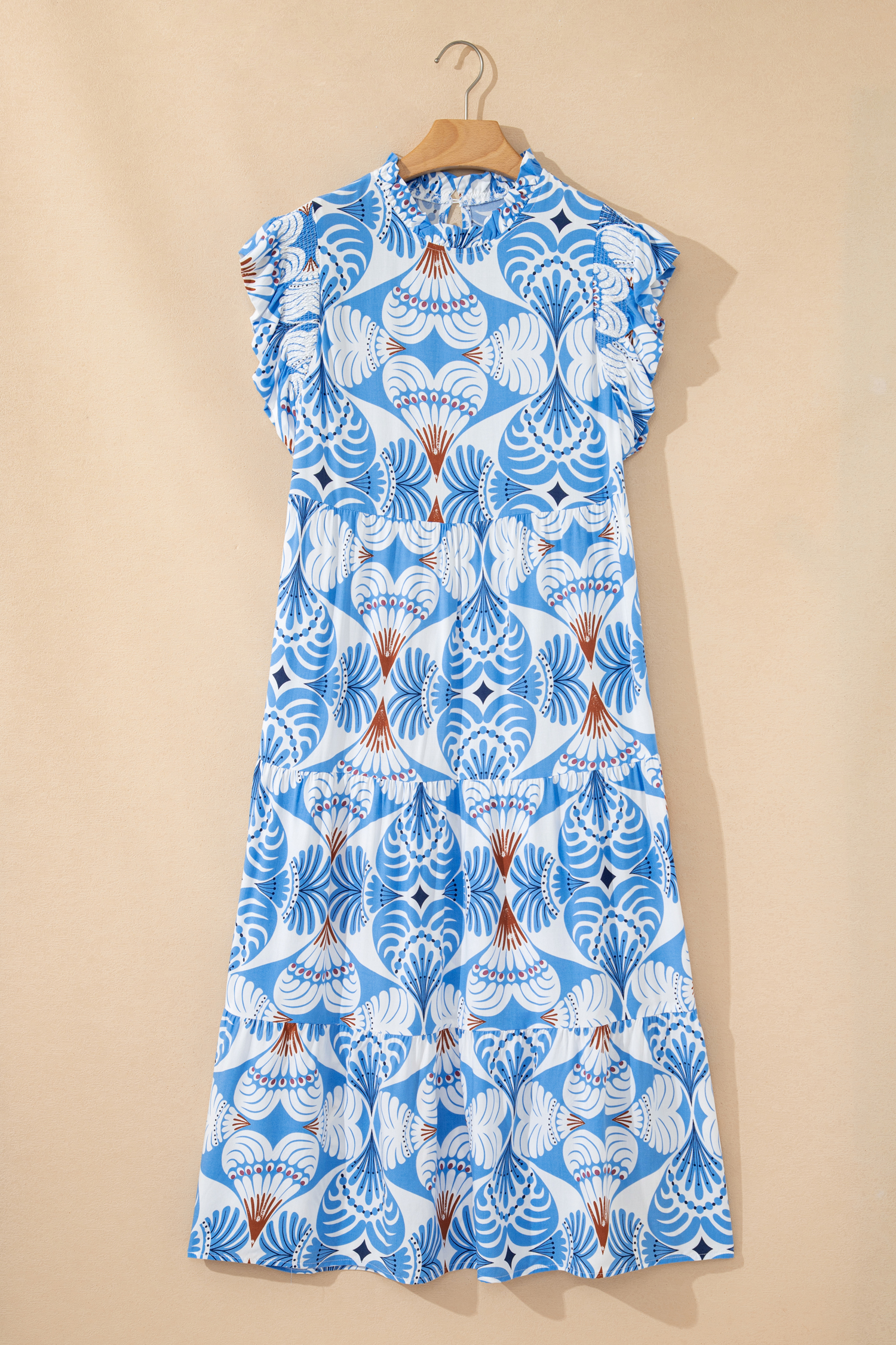 Sky Blue Tropical Botanic Print Flutter Sleeve Vacation Long Dress - loveforevers