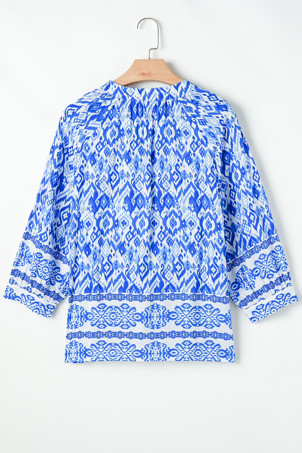 Blue Boho Printed 3/4 Sleeve Tied Neck Blouse - loveforevers