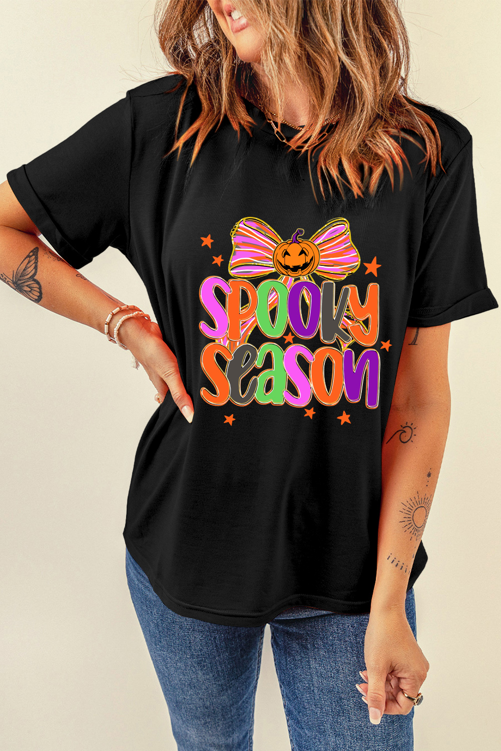 Black SPOOKY SEASON Halloween Pumpkin Bow Print T Shirt - loveforevers
