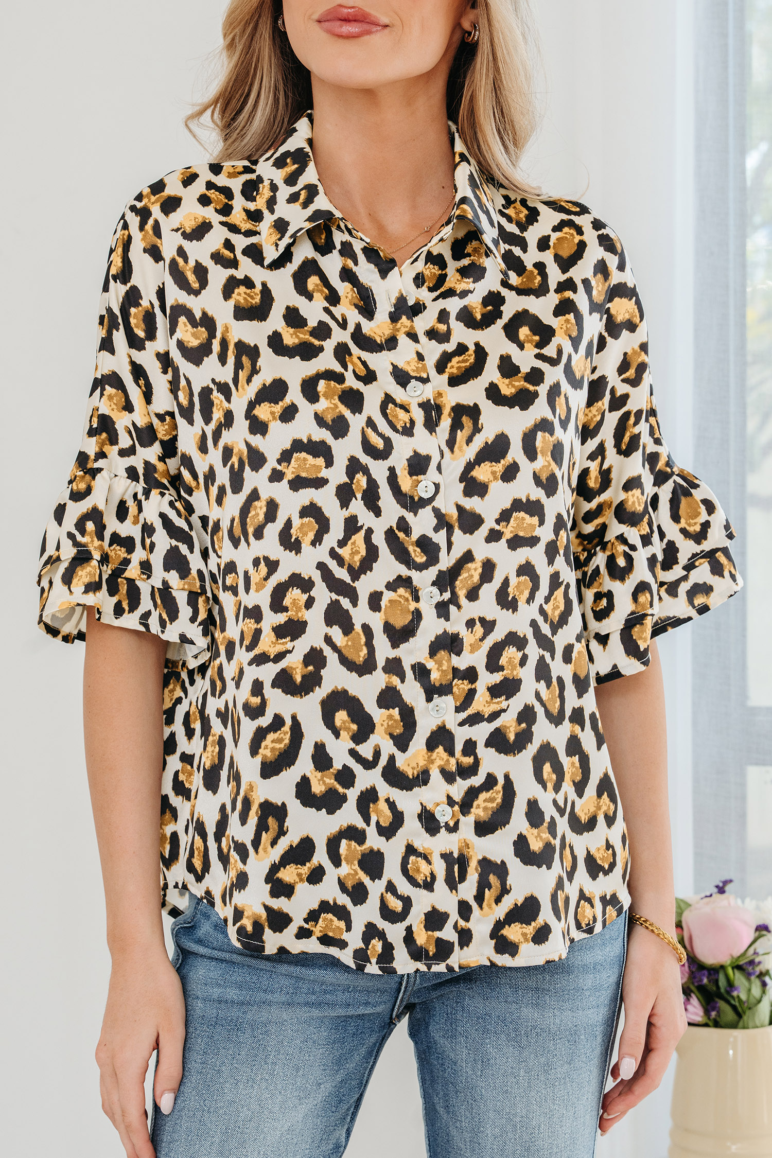 Khaki Leopard Print Ruffle Trim 3/4 Sleeve Loose Shirt - loveforevers