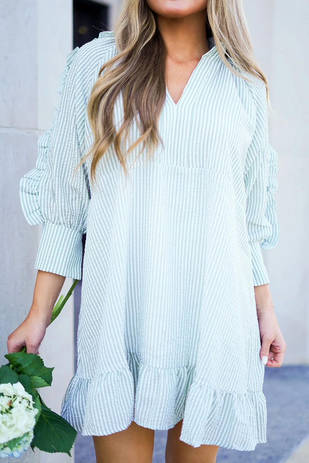 Myosotis Seersucker Ruffled Puff Sleeve Stand Neck Mini Dress - loveforevers