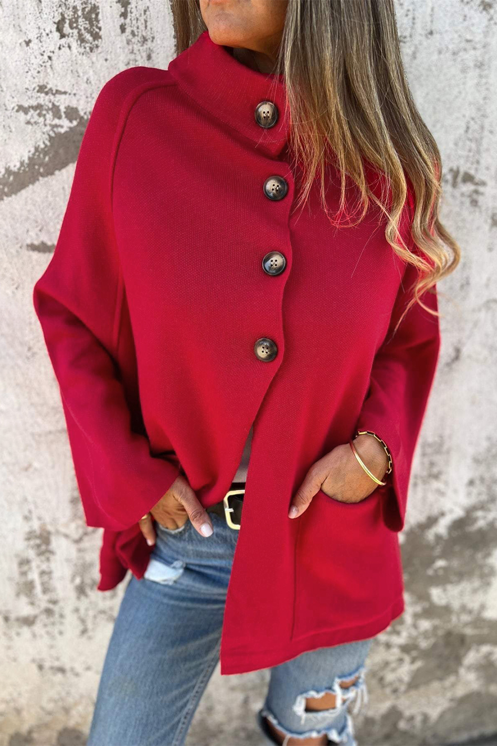 Fiery Red Collared Button Front Wrapped Cardigan Jacket - loveforevers