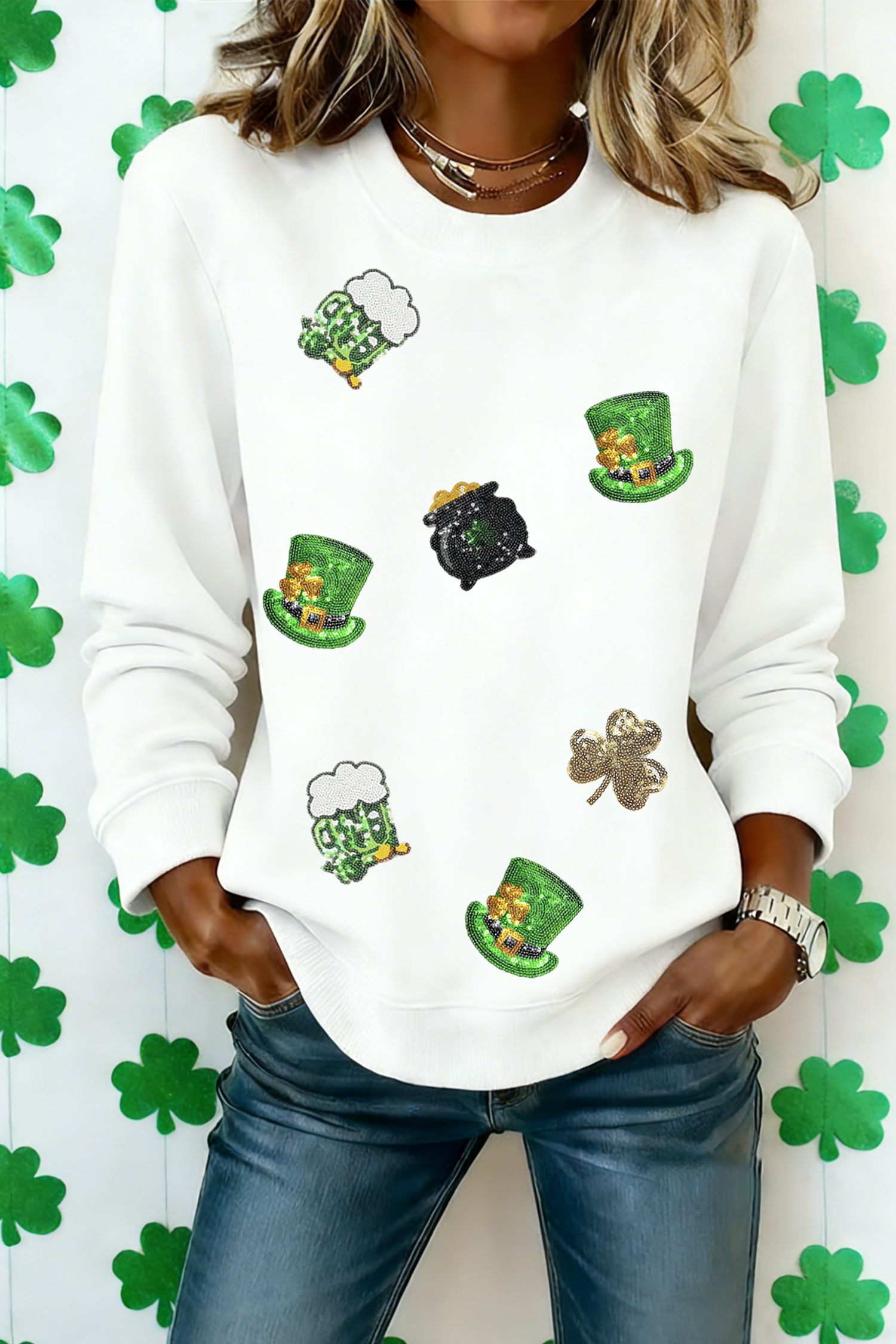 White Cheerful St Patricks Day Sequin Graphic Sweatshirt - loveforevers