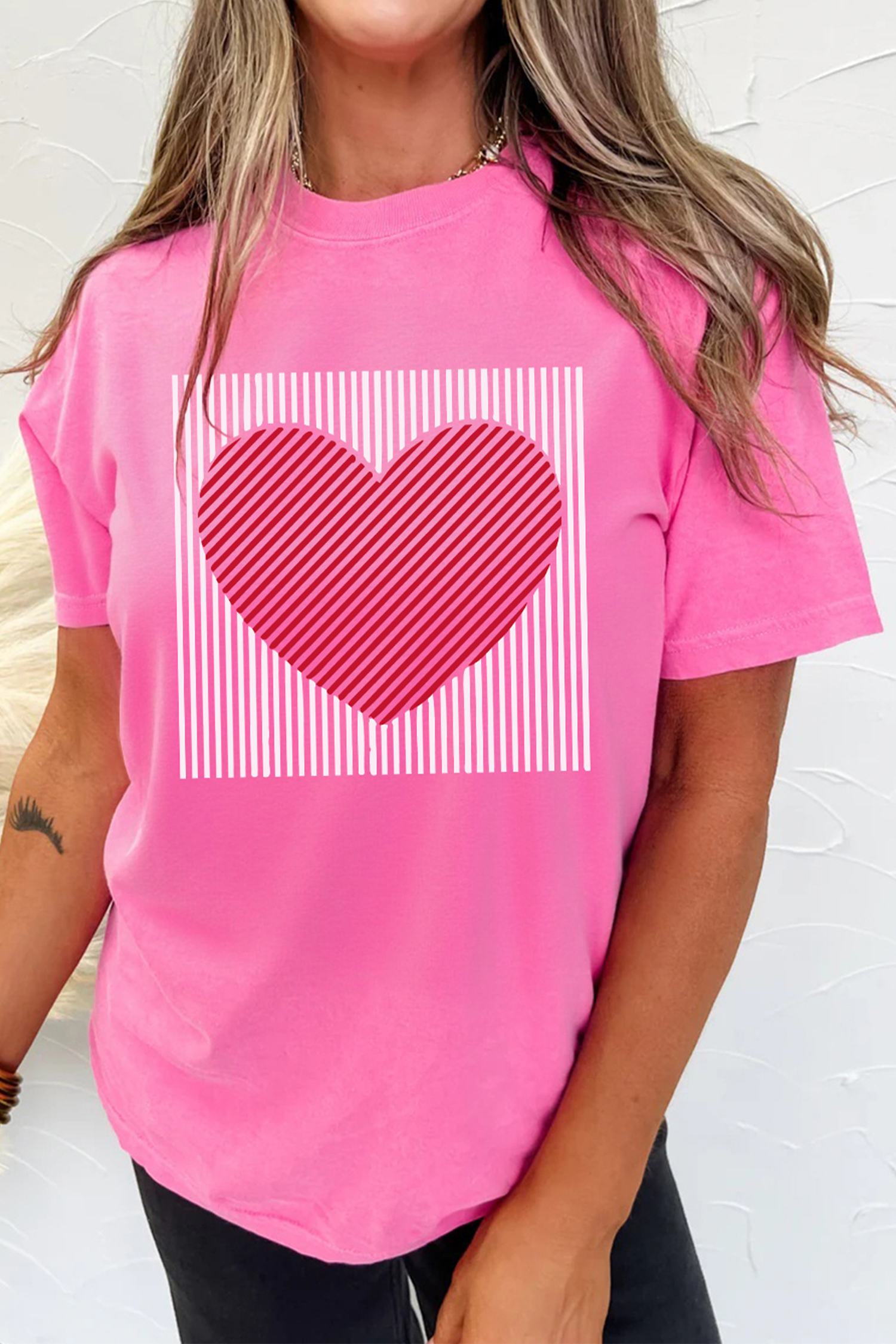 Sachet Pink Contrast Striped Heart Printed Valentines Day T Shirt - loveforevers