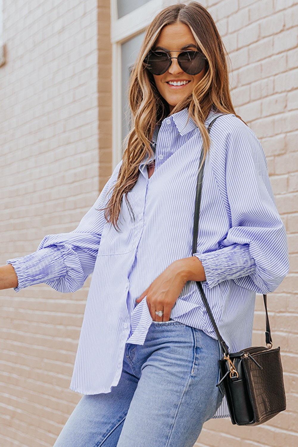 Red Stripe Smocked Cuffed Striped Boyfriend Shirt with Pocket - loveforevers