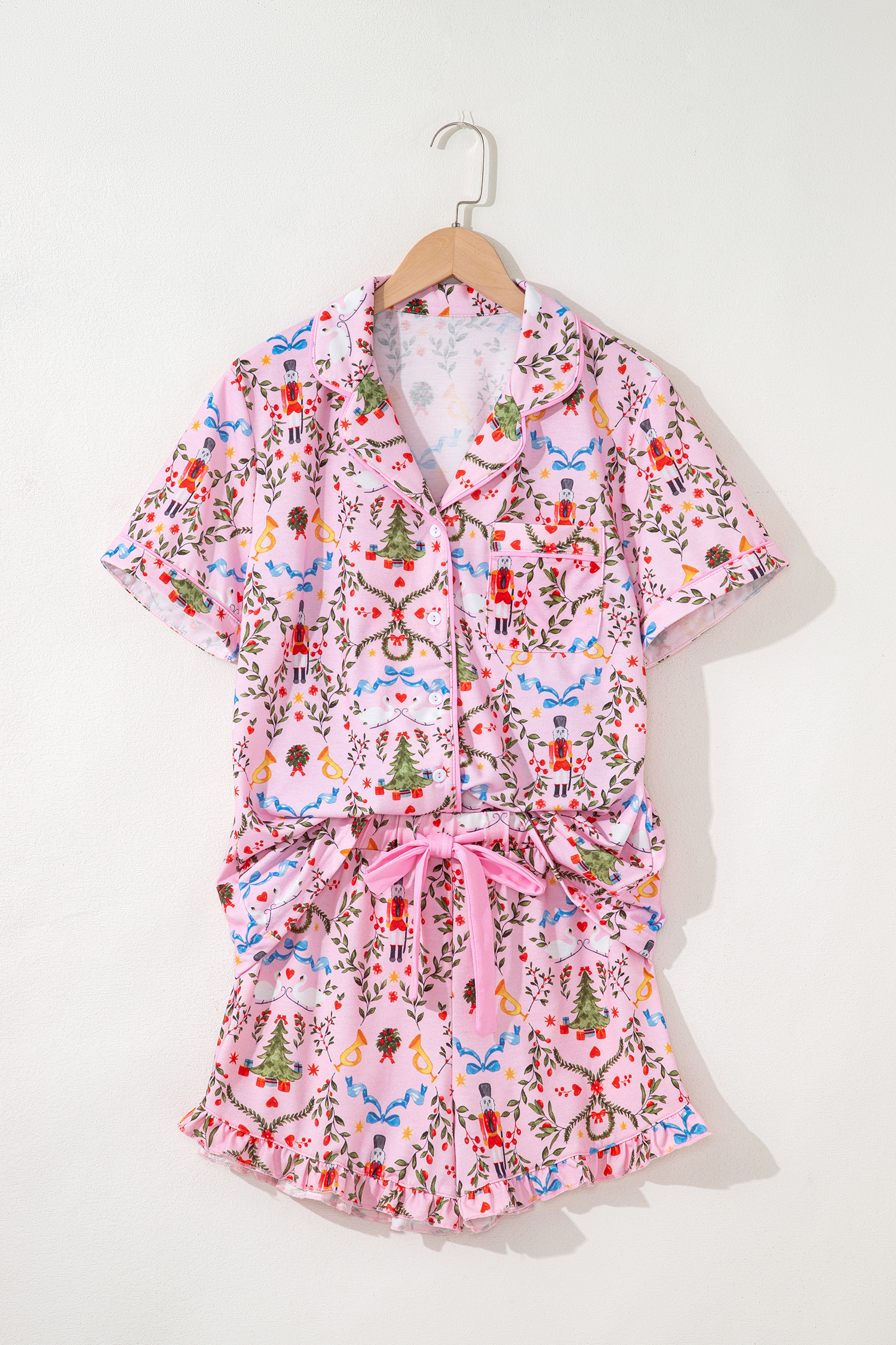 Pink Nutcracker Doll Christmas Print Ribbon Tie Waist Short 2pcs Pajama Set - loveforevers