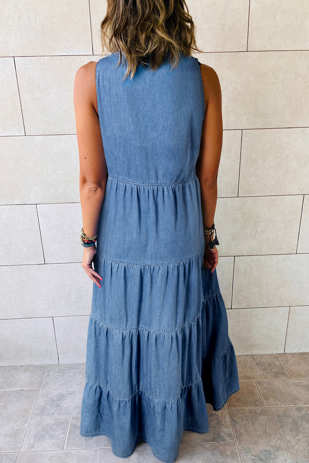 Blue Sleeveless Tiered Chambray Maxi Dress - loveforevers