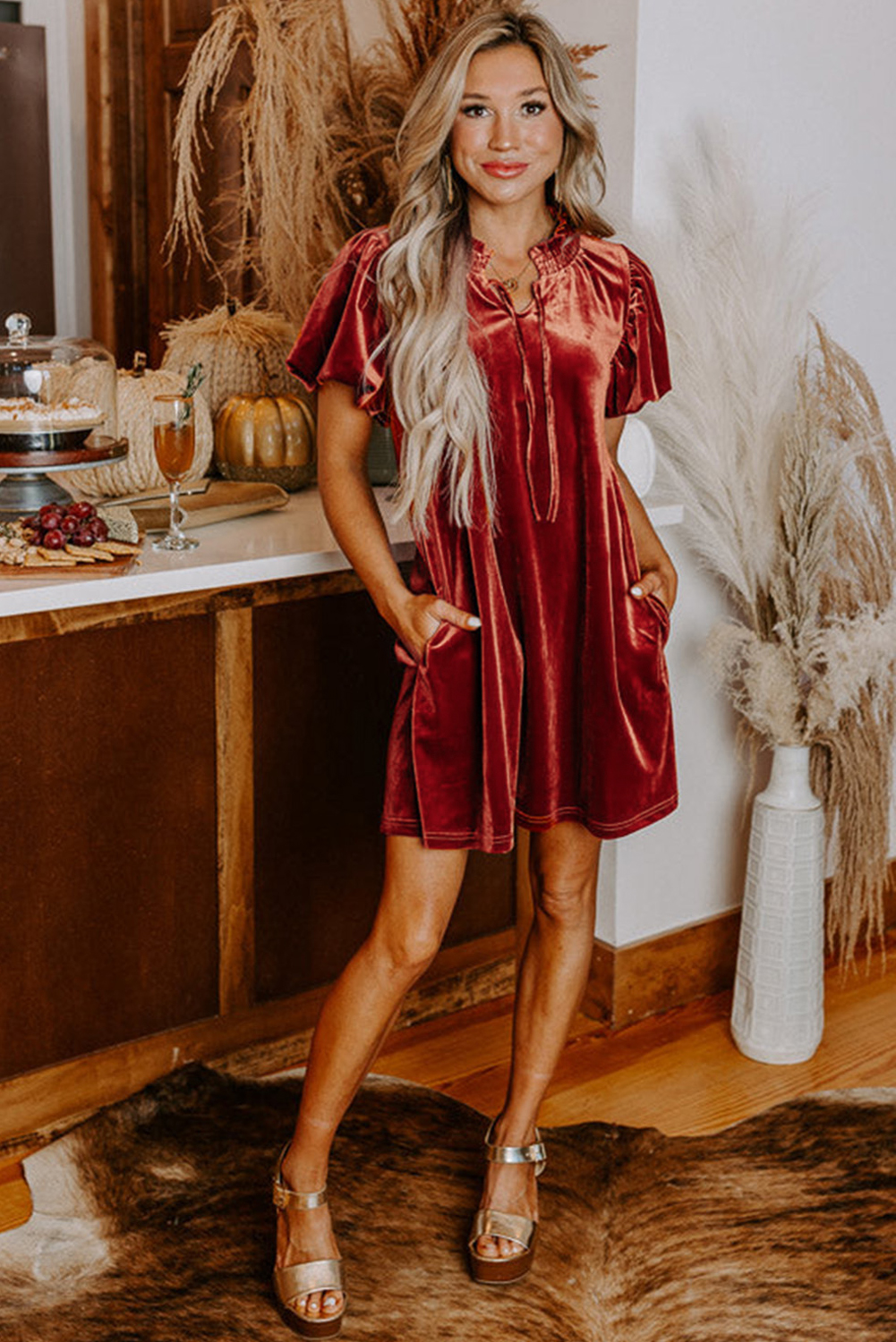 Cinnamon Velvet Smocked Neckline Puff Sleeve Shift Mini Dress - loveforevers