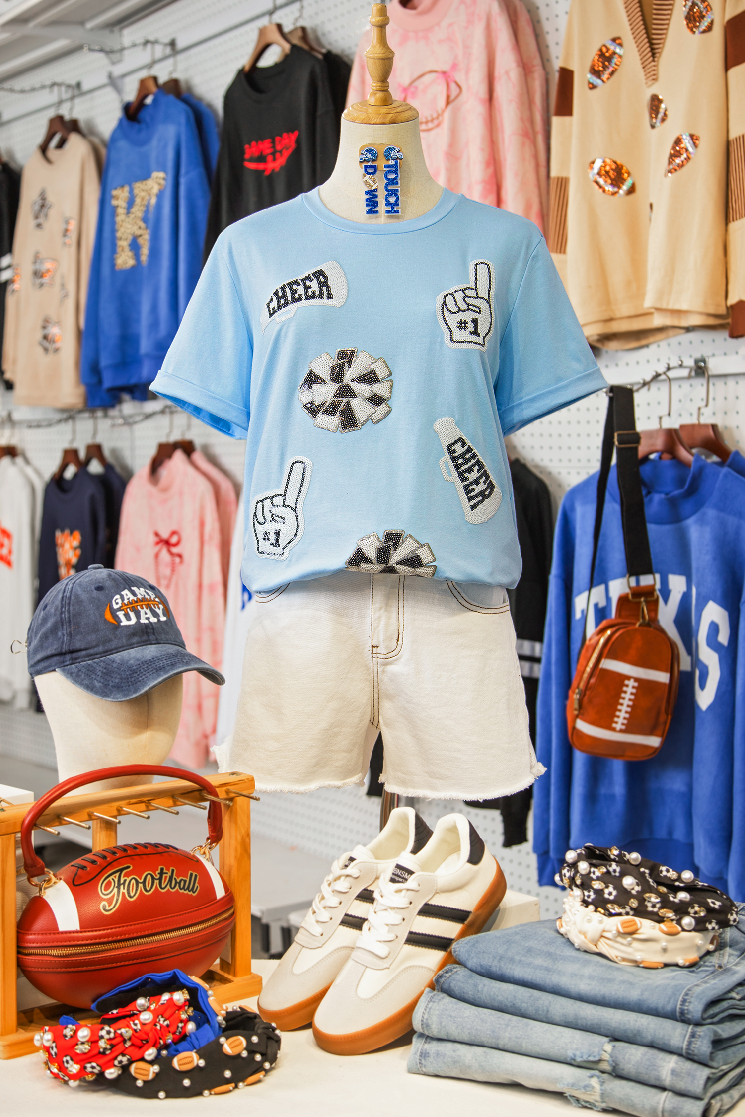 Light Blue Cheer Game Day Element Sequin Patched T Shirt - loveforevers