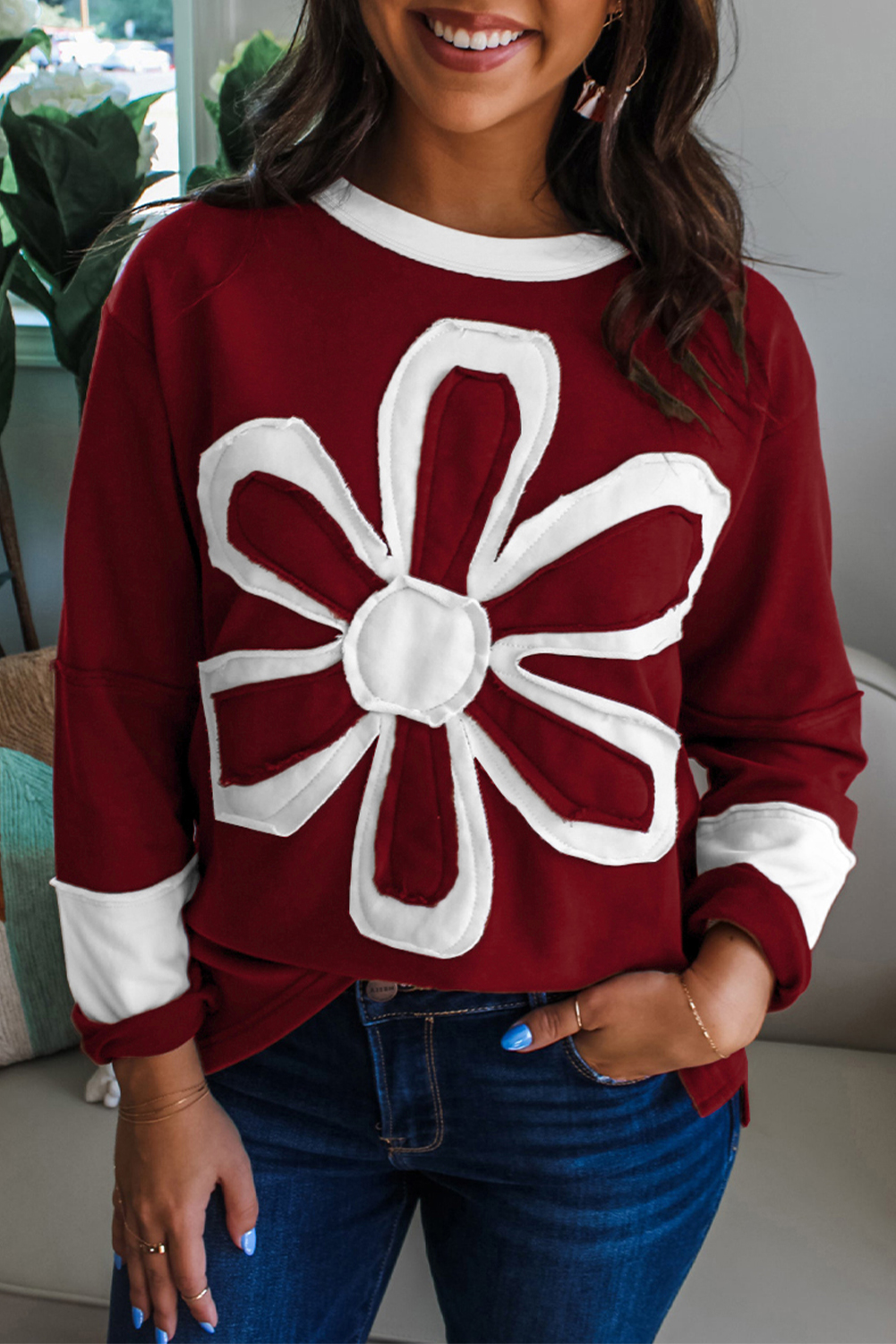 Red Dahlia Cheerful Daisy Flower Patched Round Neck Long Sleeve Top - loveforevers