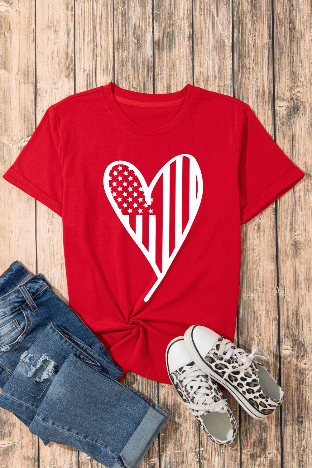 Red USA Flag Heart Shape Crewneck Graphic T Shirt - loveforevers