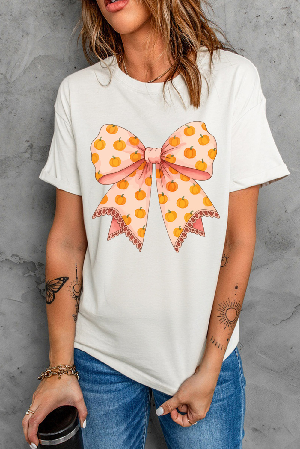 White Pumpkin Bow Print Thanksgiving T Shirt - loveforevers