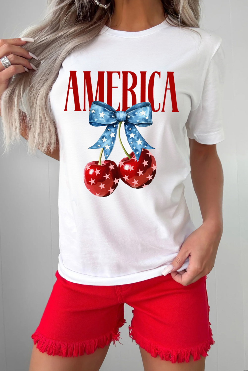 White AMERICA Bow Cherry Print Crewneck T Shirt - loveforevers
