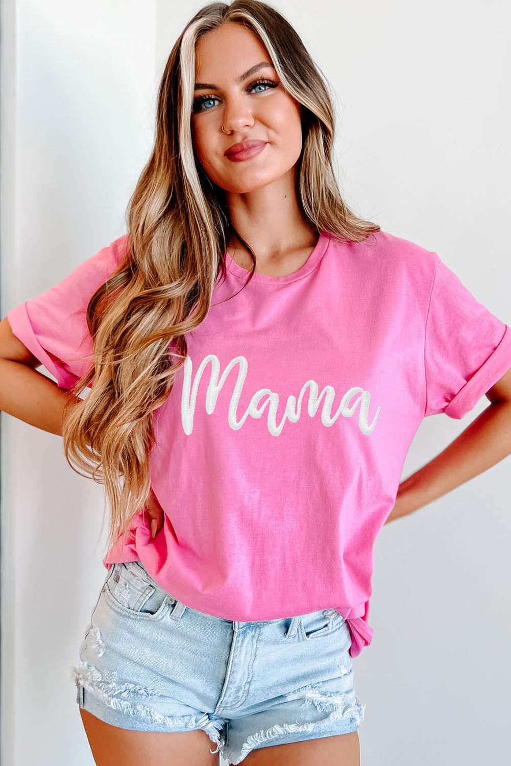 Sachet Pink mama Embroidered Graphic Crewneck Mothers Day T Shirt - loveforevers