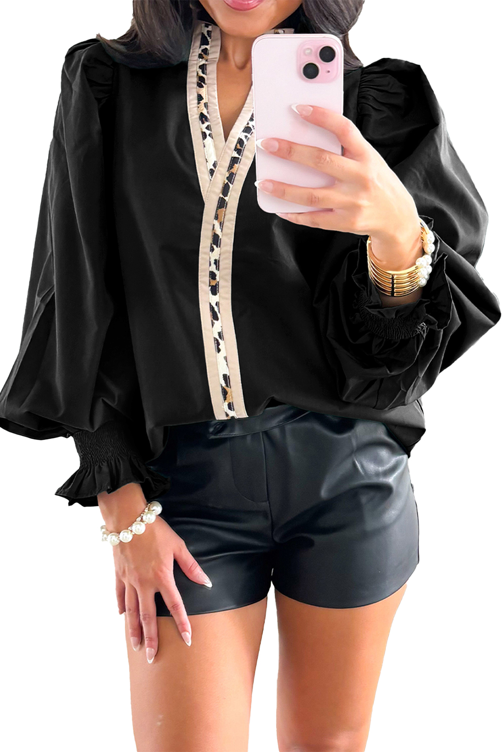 Evergreen Puffy Flounce Sleeve Leopard Trim V Neck Blouse - loveforevers