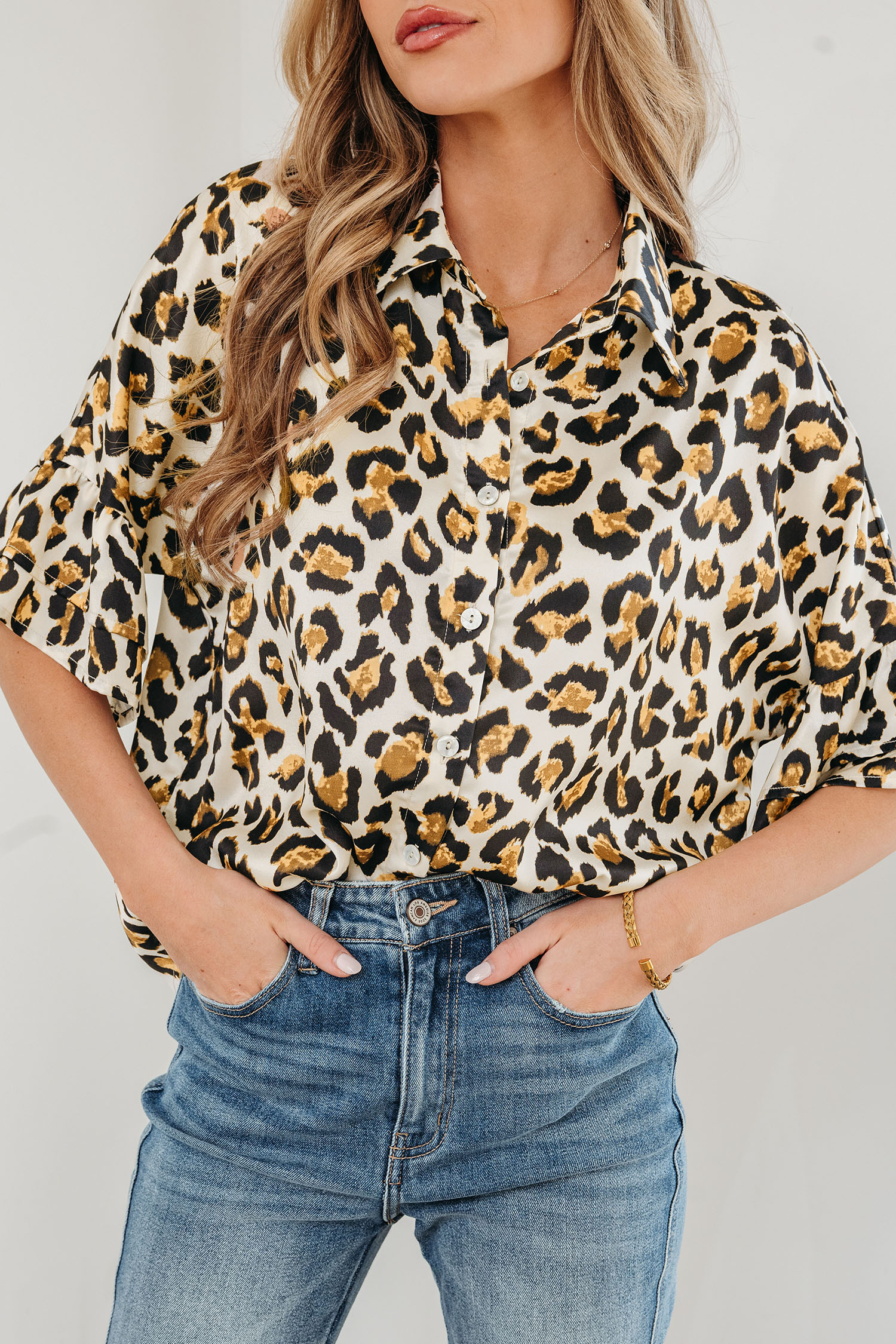 Khaki Leopard Print Ruffle Trim 3/4 Sleeve Loose Shirt - loveforevers