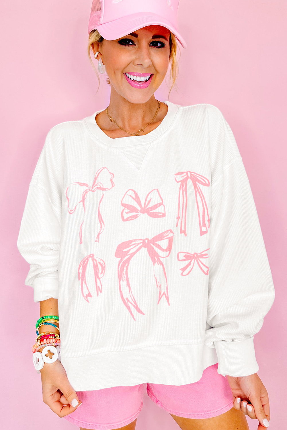 White Bowknot Pattern Corded Long Sleeve Drop Shoulder Top - loveforevers