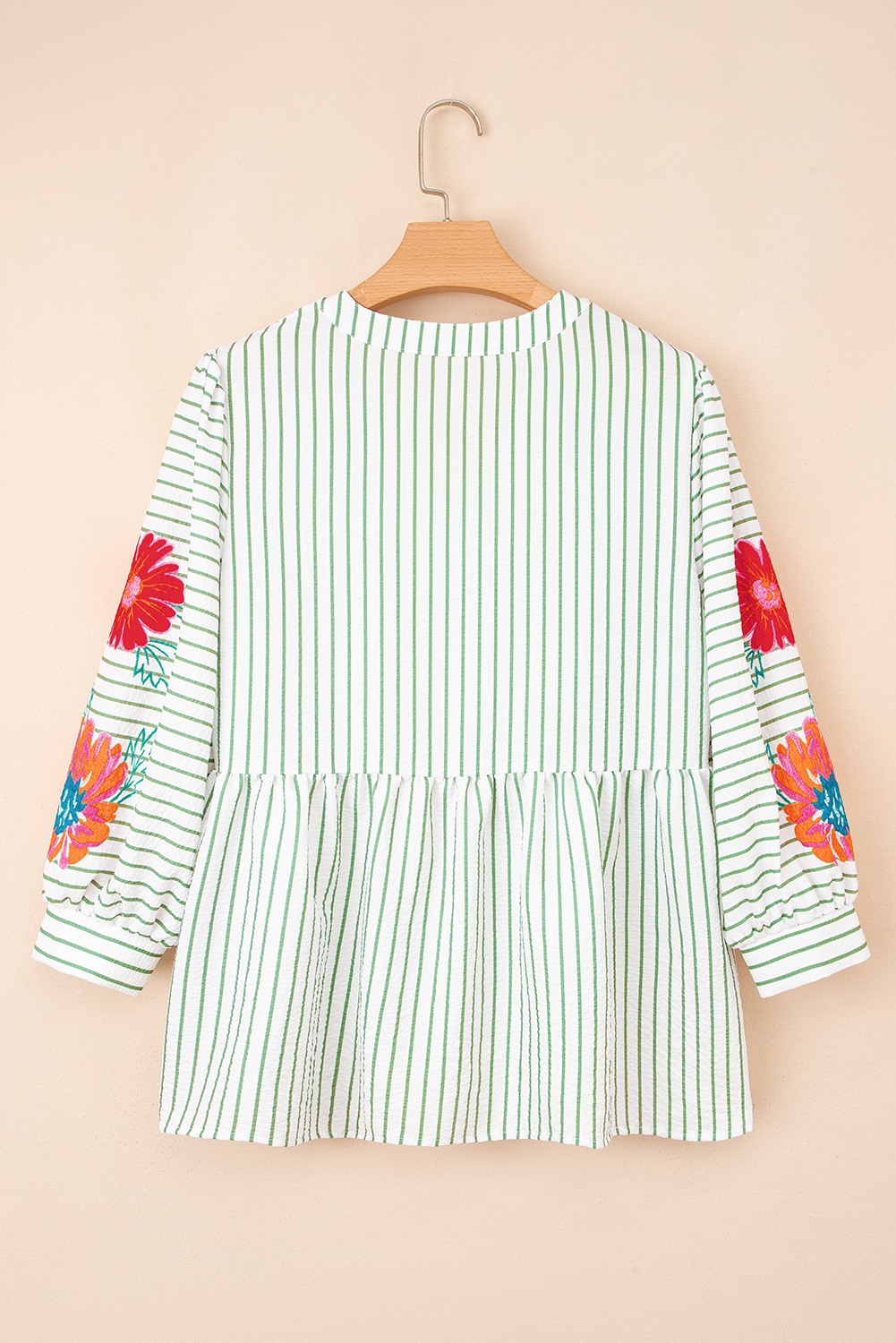 Green Stripe Flower Puff Sleeve Notched V Neck Babydoll Blouse - loveforevers