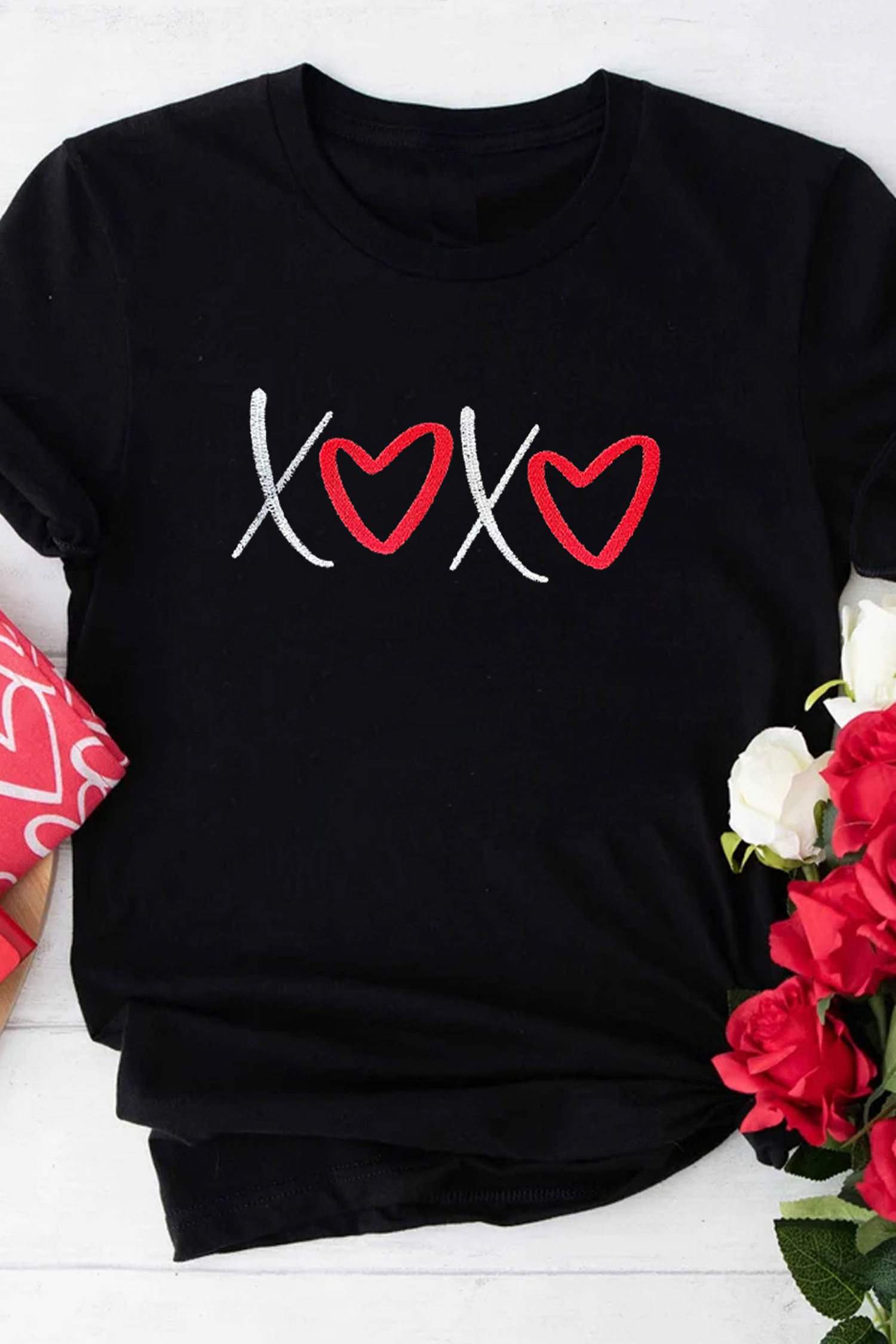 Black XOXO Valentines Heart Embroidered Casual Graphic Tee - loveforevers
