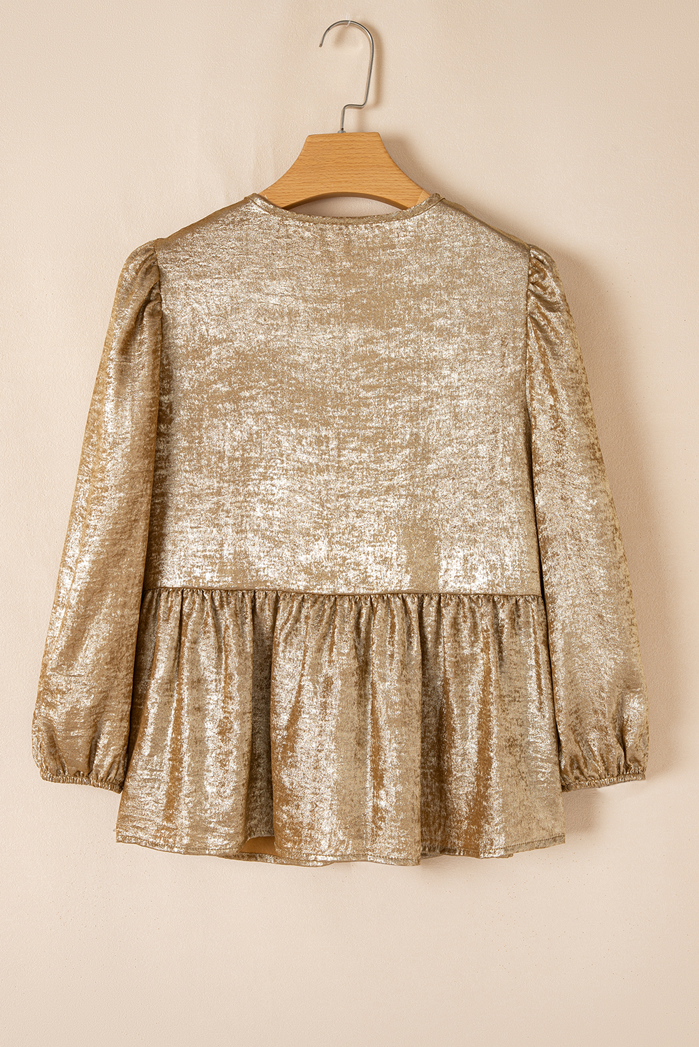 Gold Bow Tie Front Puff 3/4 Sleeve Ruffle Hem Blouse - loveforevers
