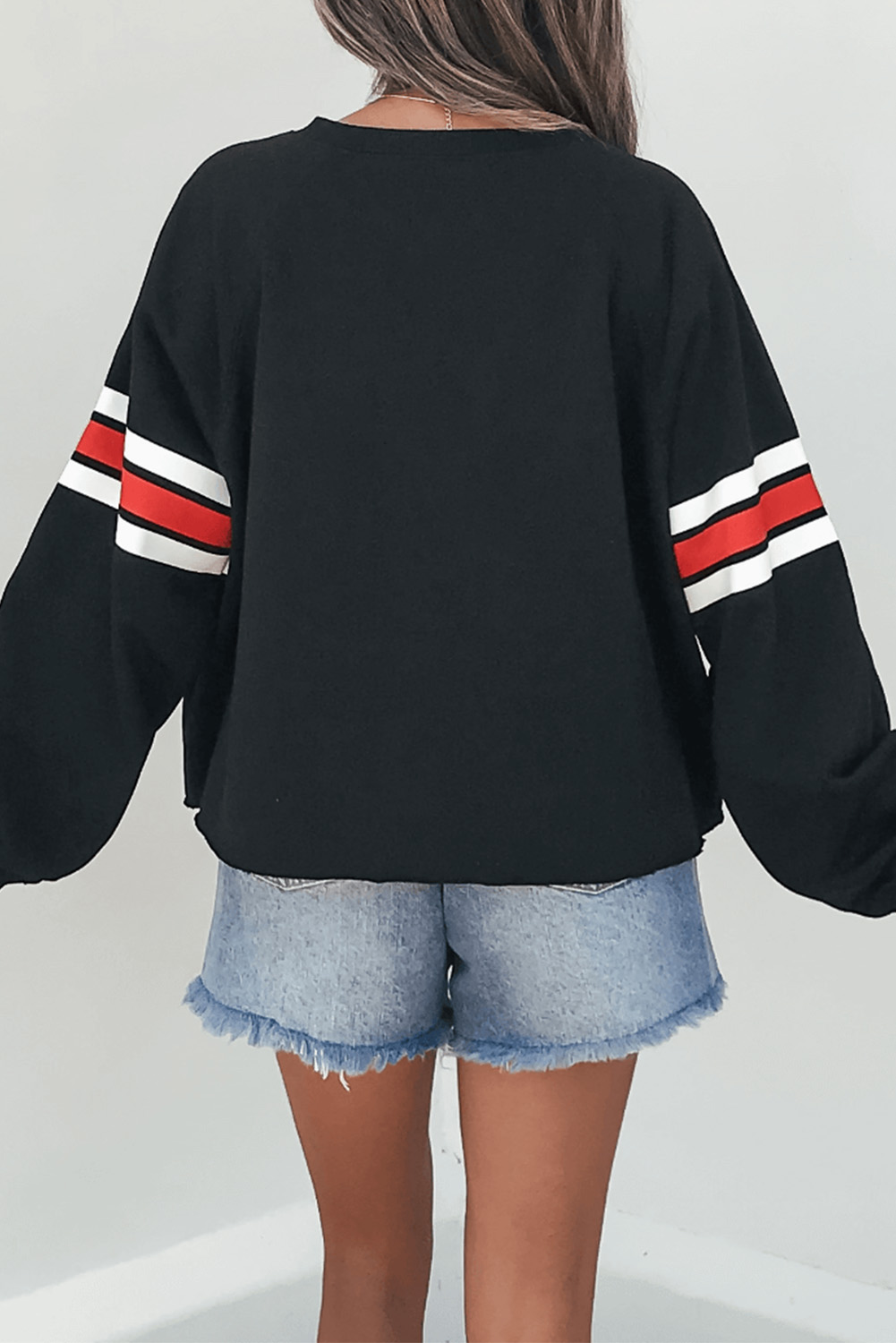 Black Varsity Spirit Striped 89 Graphic Casual Sweatshirt - loveforevers