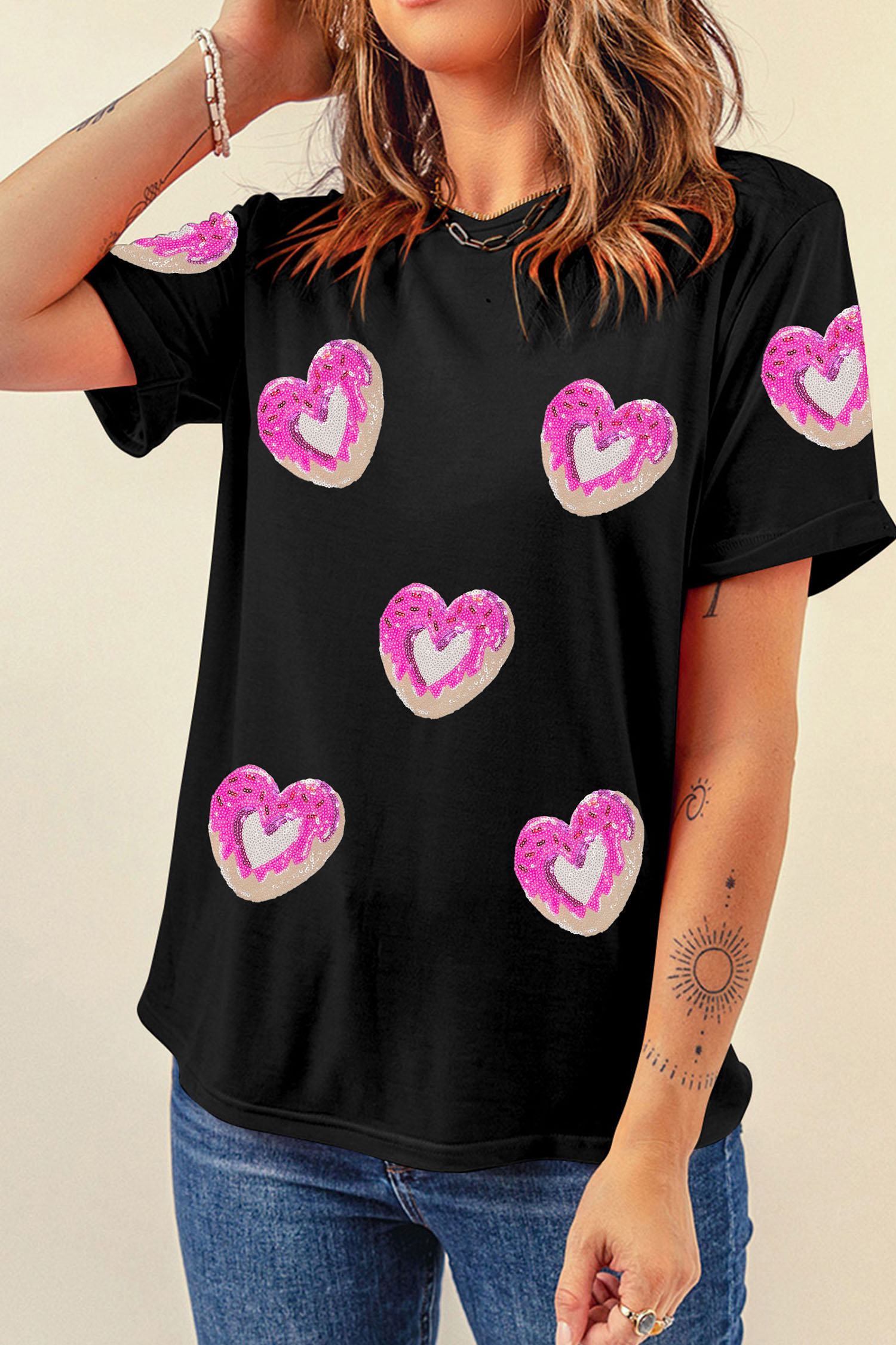 Black Sequin Donut Heart Valentines Graphic Tee - loveforevers
