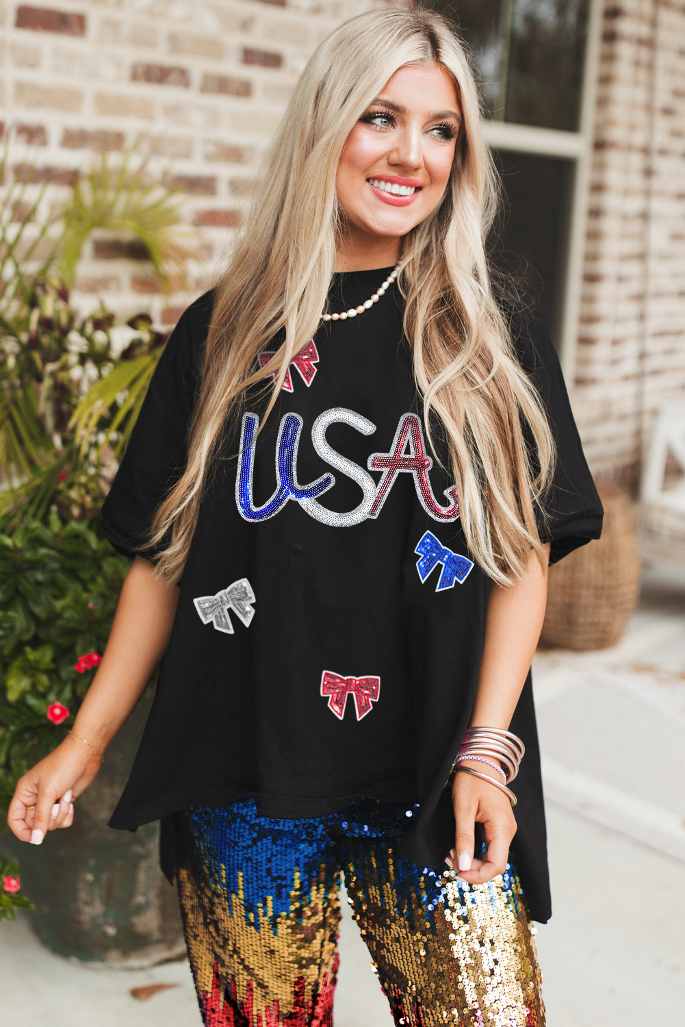 Black Sequin USA Bow Graphic Independence Day T Shirt - loveforevers