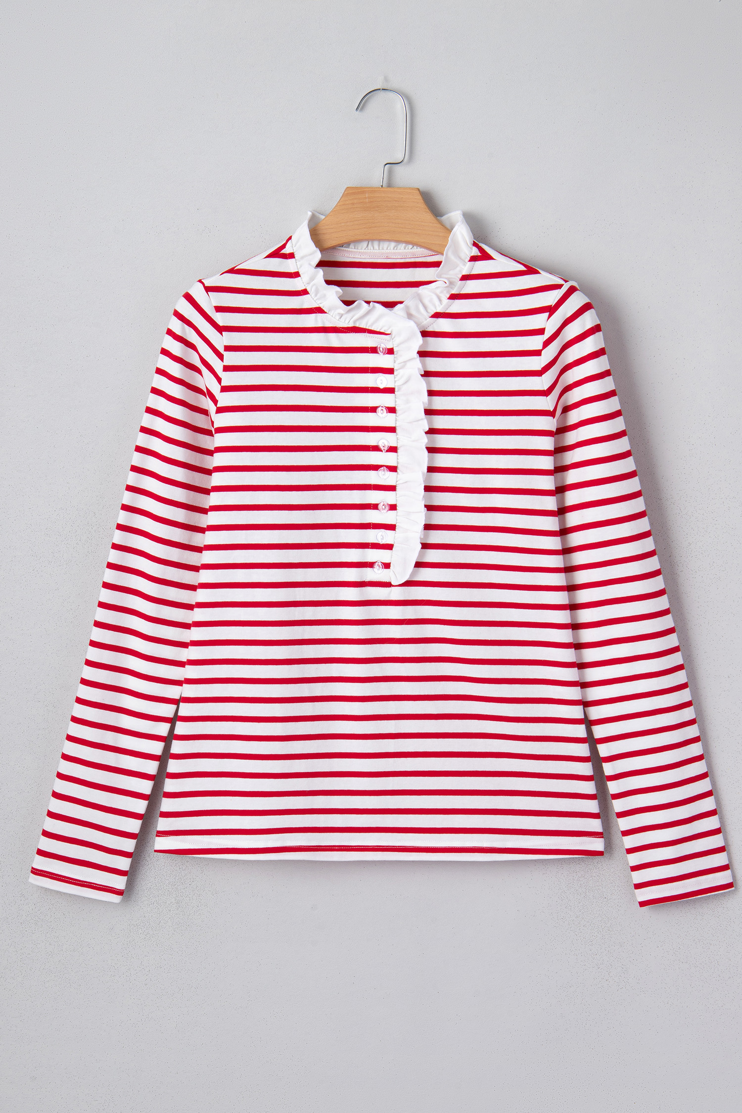 Red Stripe Contrast Frilled Trim Half Button Long Sleeve Top - loveforevers