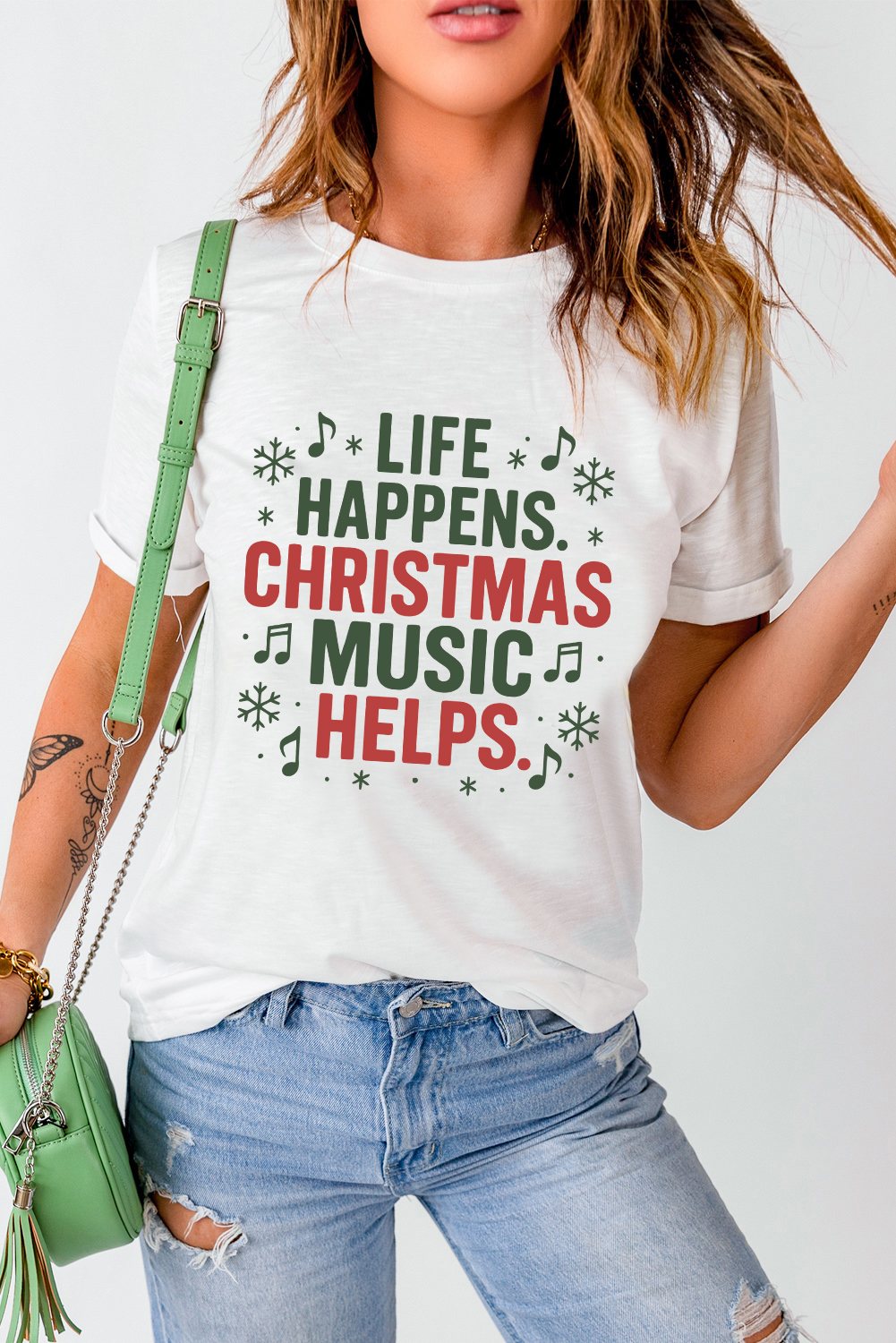 White LIFE HAPPENS CHRISTMAS MUSIC HELPS Graphic Tee - loveforevers