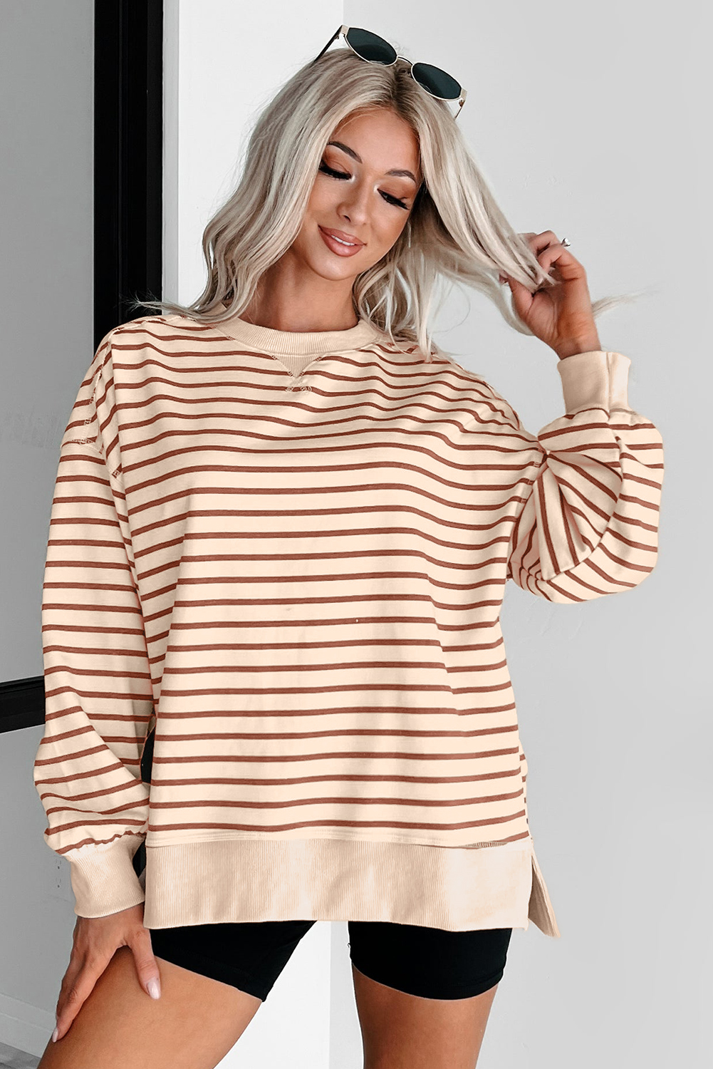 Khaki Stripe Ribbed Band Seam Detail Baggy Sweatshirt - loveforevers