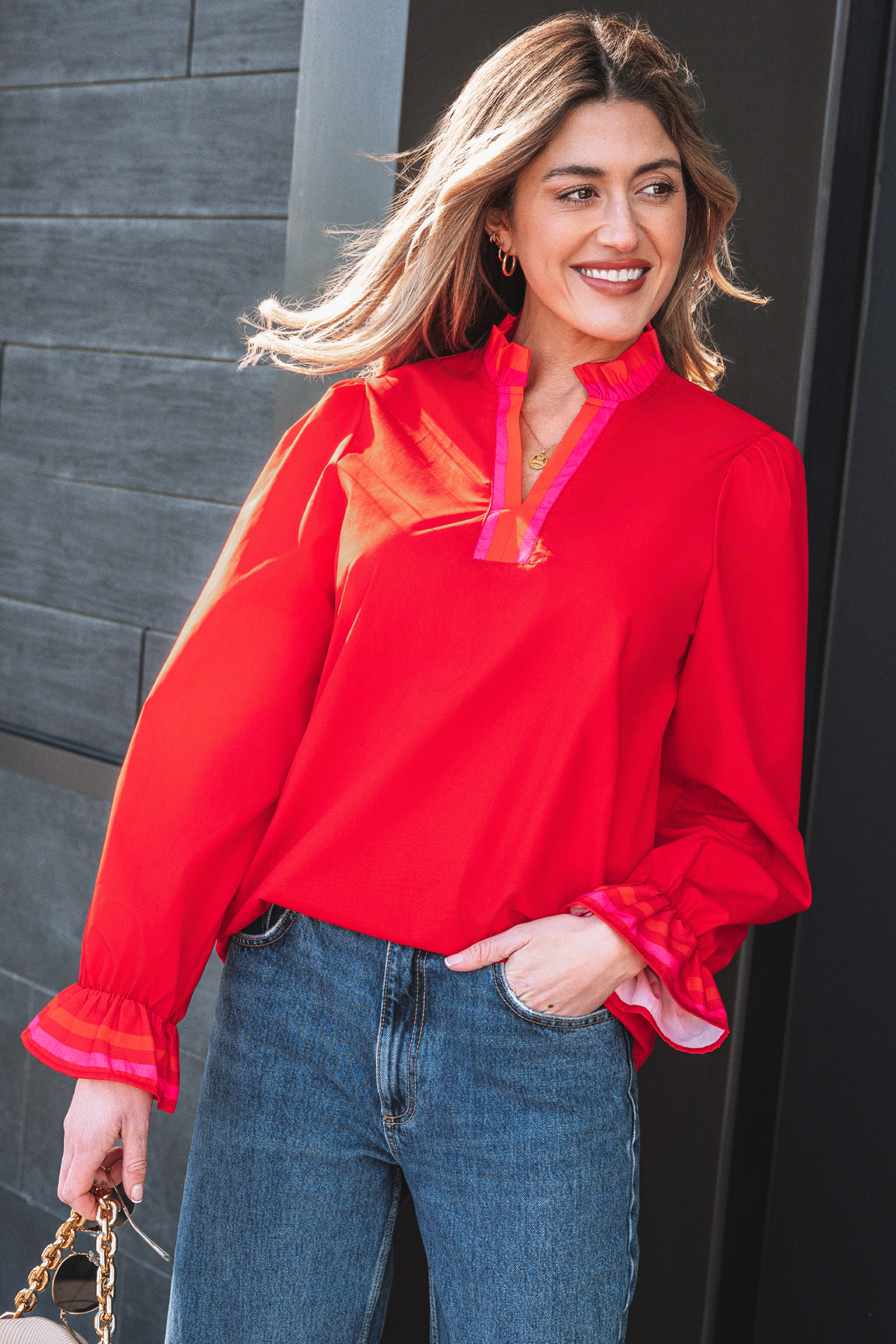 Four Leaf Clover Striped Trim Ruffle Split Neck Long Sleeve Blouse - loveforevers