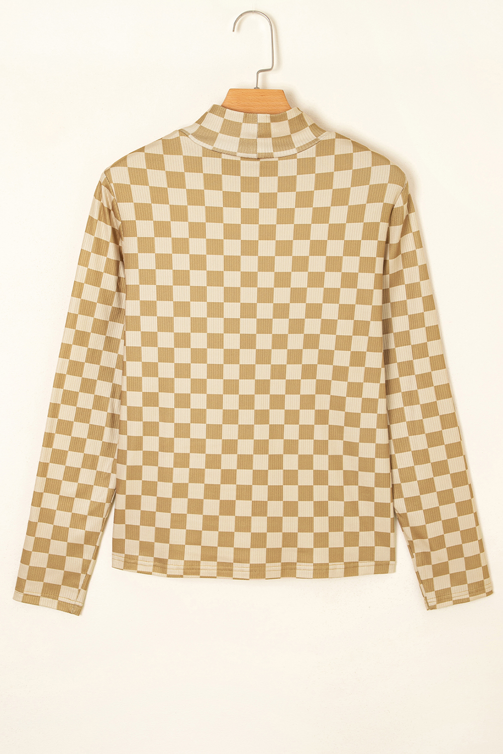 Khaki Check Pattern Turtleneck Ribbed Slim Long Sleeve Tee - loveforevers