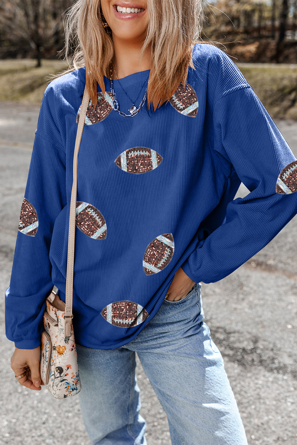 Dark Blue 3D Ribbed Texture Sequin Rugby Patched Baggy Sweatshirt - loveforevers