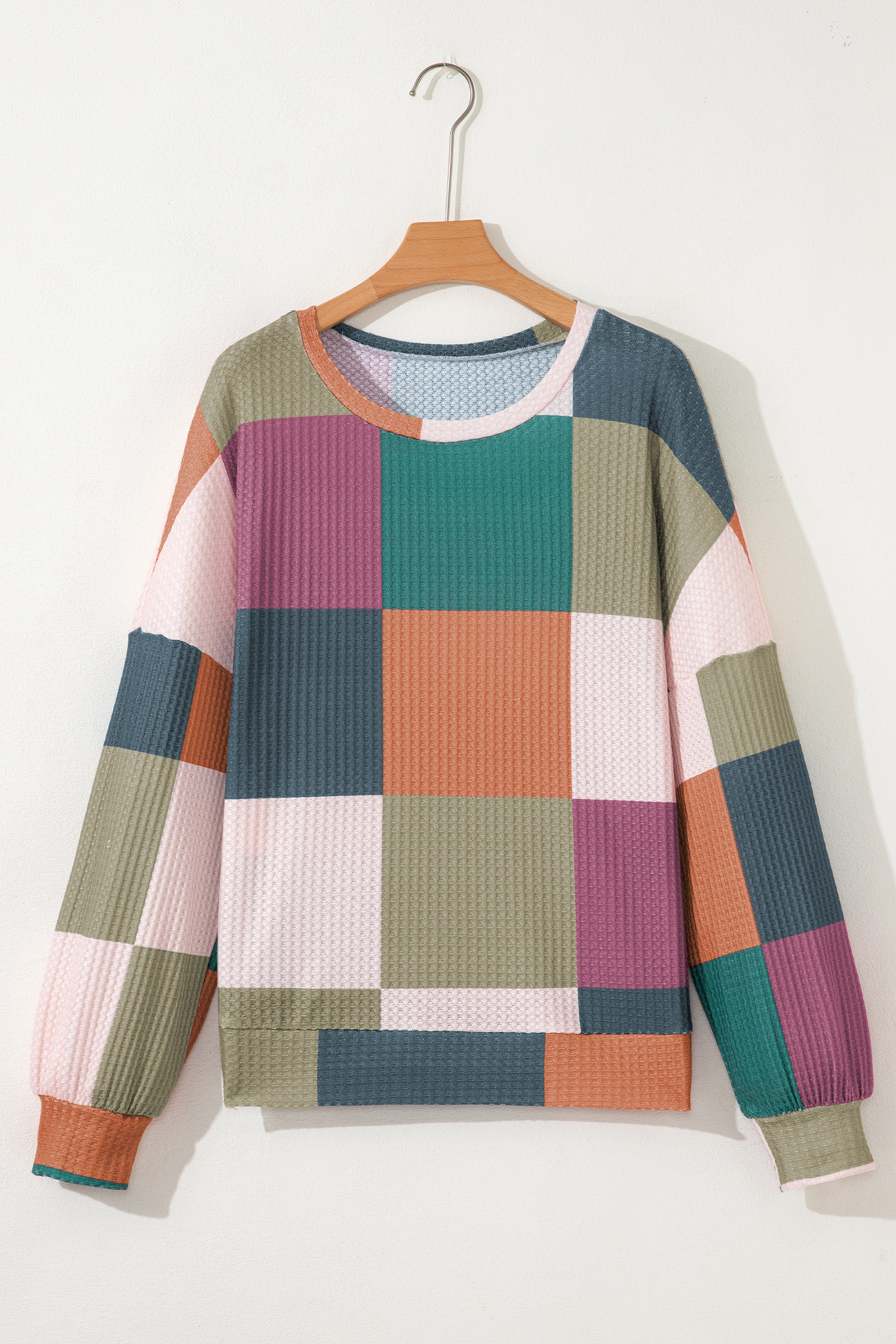 Green Checkered Print Textured Knit Long Sleeve Loose Top - loveforevers