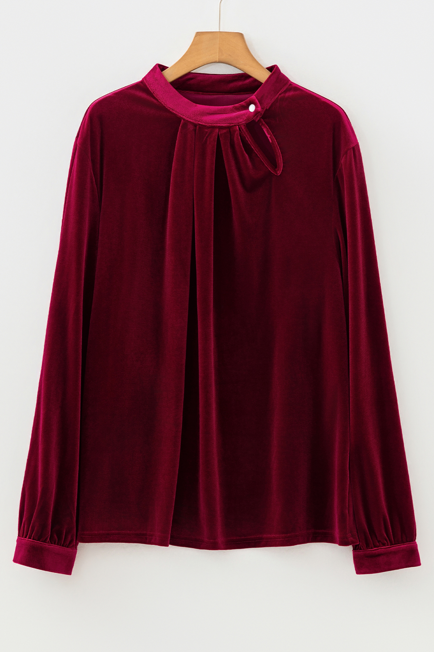 Red Dahlia Asymmetric Button Keyhole Neck Long Sleeve Velvet Blouse - loveforevers
